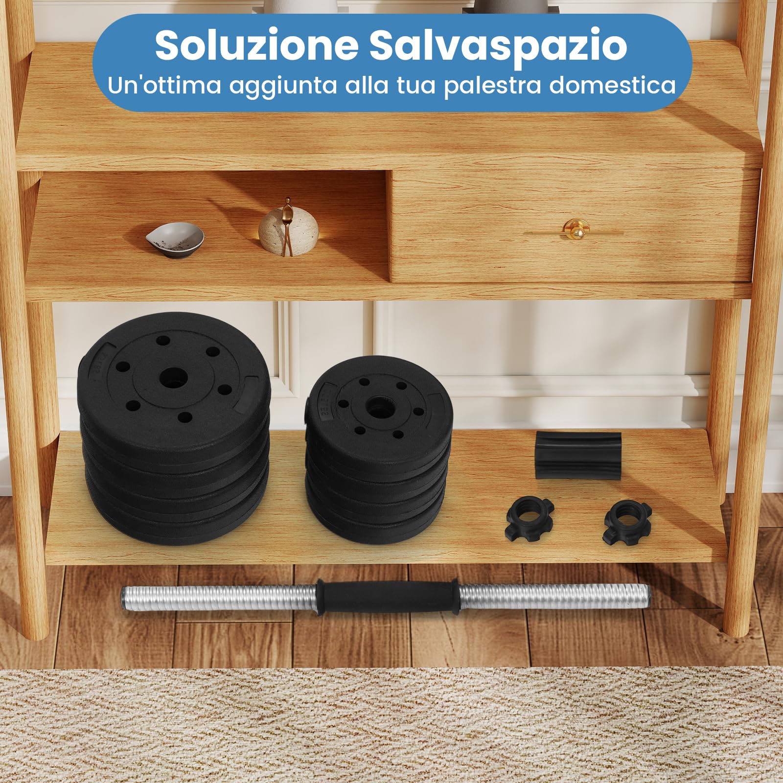 COSTWAY Set di 2 Manubri Regolabili 30 Kg, Bilanciere da Palestra con Barra di Collegamento e Copertura Protettiva in Gomma, Attrezzature per Allenamento a Casa