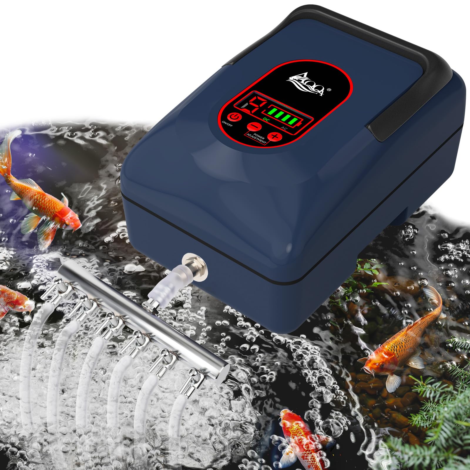 AQQA Rechargeable Aquarium Air Pump, 12W Portable Aerator for Fish Tank &amp; Pond, 6 Outlets 280 GPH for 5-1000 Gallon, Outdoor Fishing and Emergency Power Outage