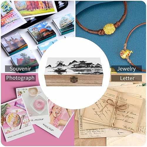 Miniatura 5 de Caja de almacenamiento de madera de paisaje chino con cerradura con bisagras, baúl decorativo hecho a mano, elegantes cajas de decoración retro,