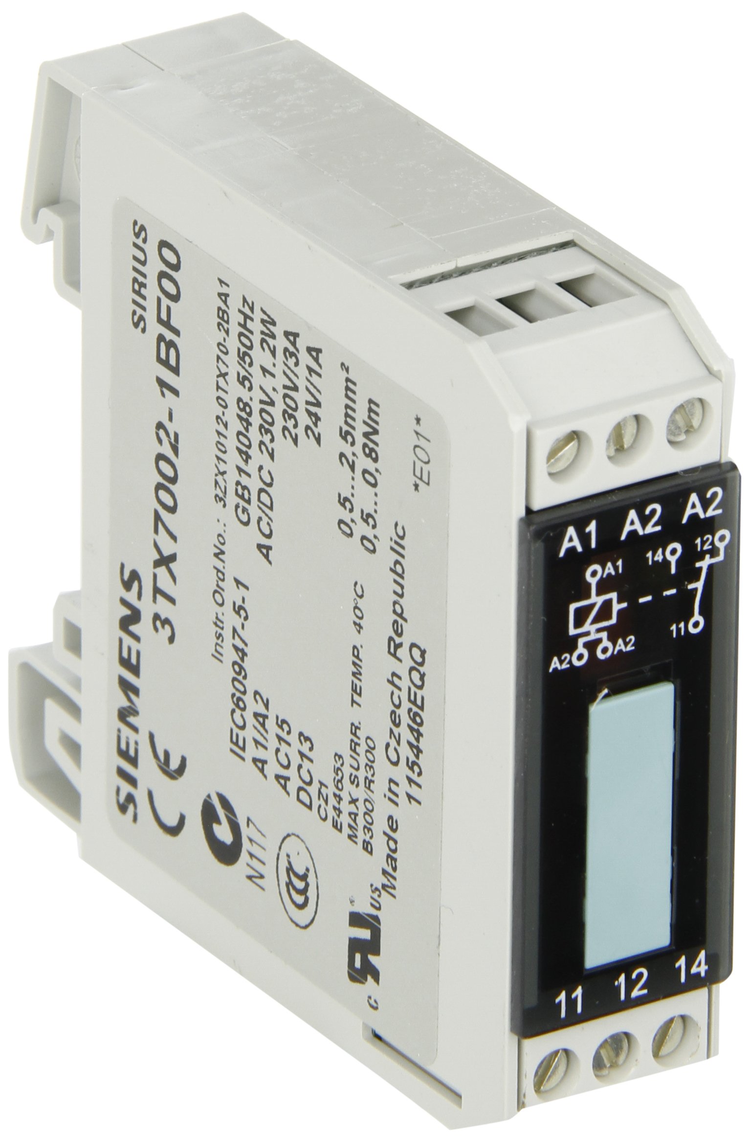 Siemens Relè di interfaccia 3TX7002-1BF00, design stretto, terminale a vite, per basse altezze tra i livelli, Interfaccia di uscita con uscita relè, 1 contatto CO, larghezza 17,5 mm, tensione di alimentazione di controllo 230VAC/DC
