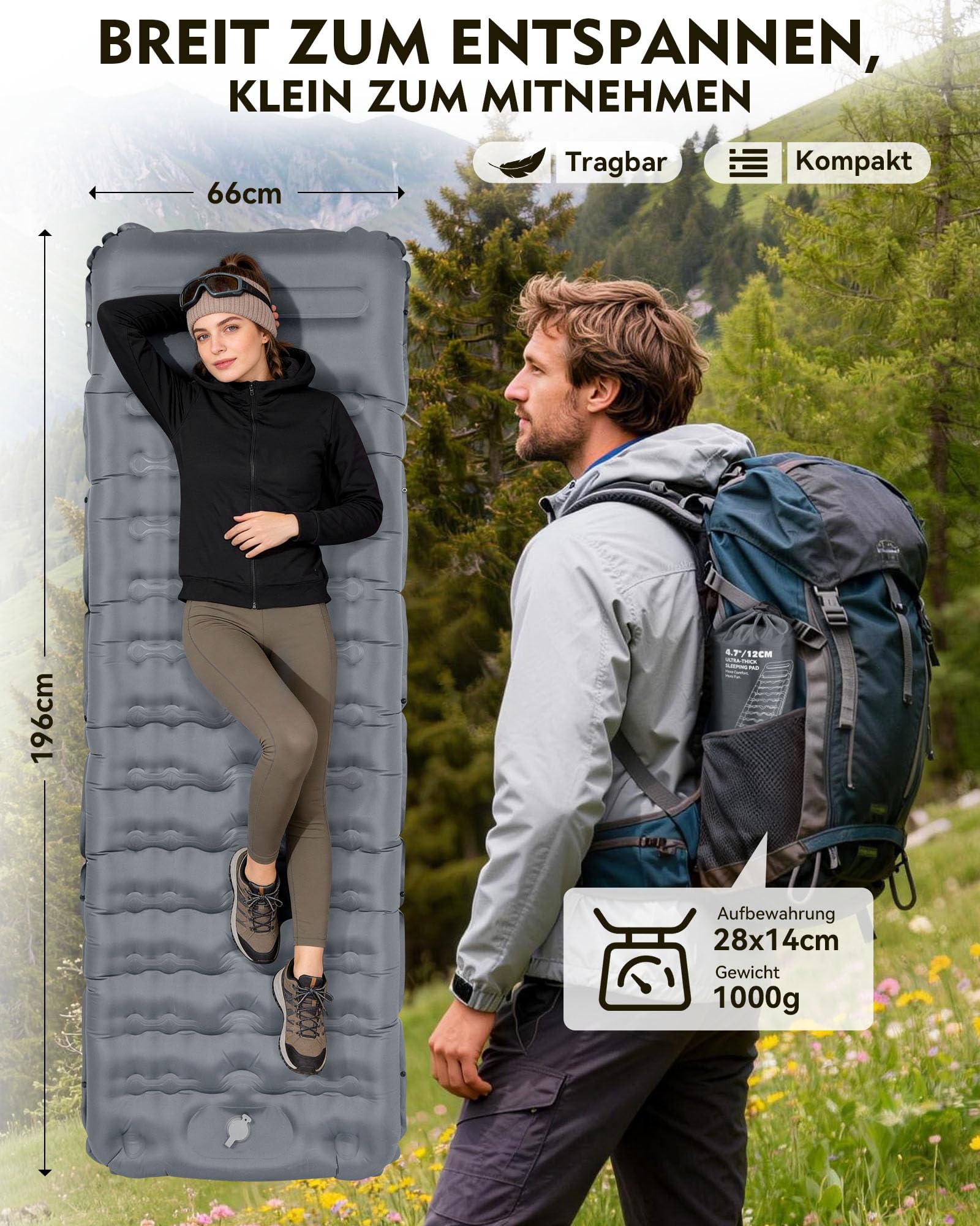 HIKENTURE Esterilla isotérmica para camping, 12 cm, ultragruesa, ultraligera, con almohada, colchón inflable, tamaño pequeño, colchón de aire hinchable, colchoneta para dormir con bomba de pie para