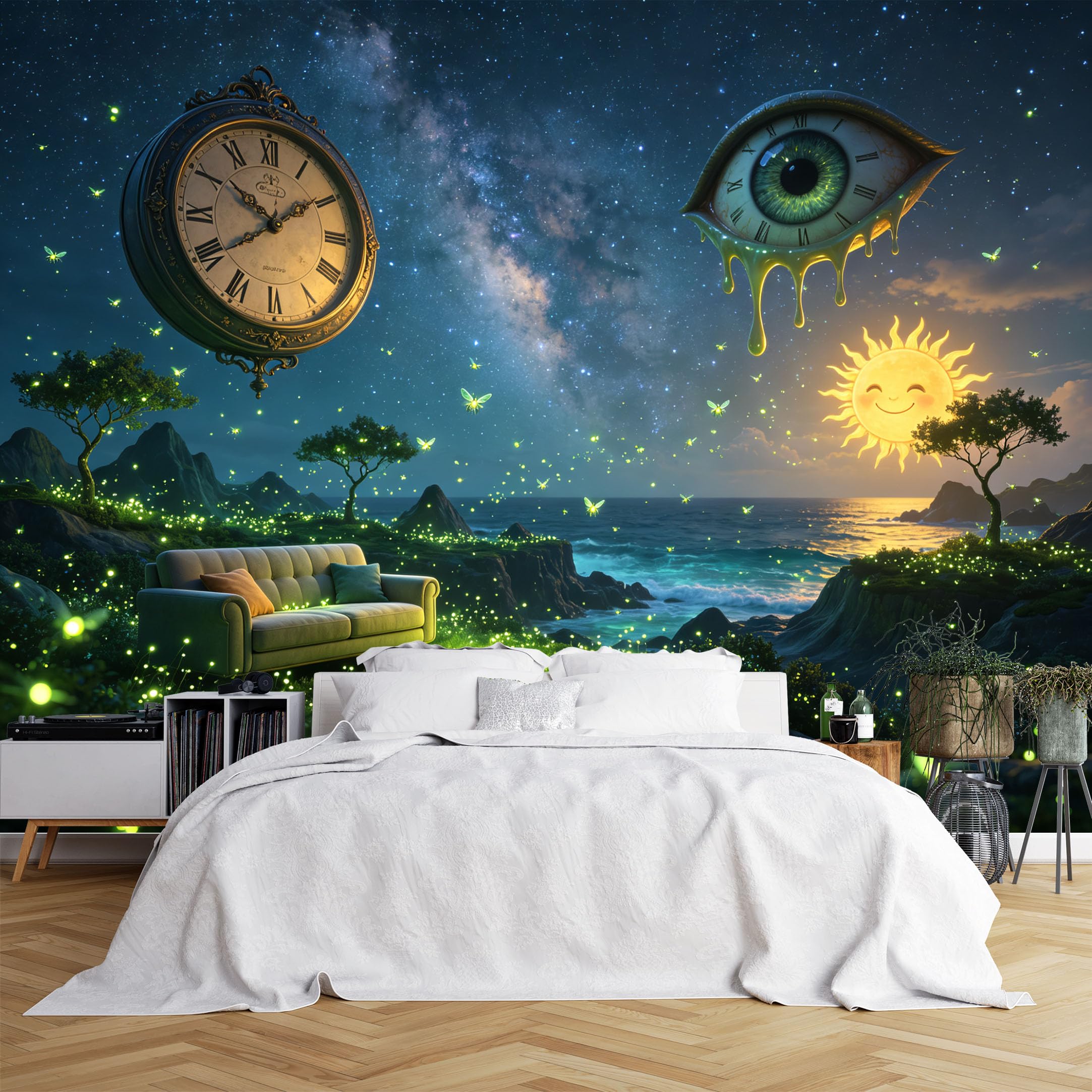 Lcythiazole Ch260615126 Custom Size Wall Murals Surreal Cosmic Clock Eye Seaside Firefly Night Wall Murals Hd Fantasy Wallpaper Home Decor Self-Adhesive Removable Wallpaper For Bedroom