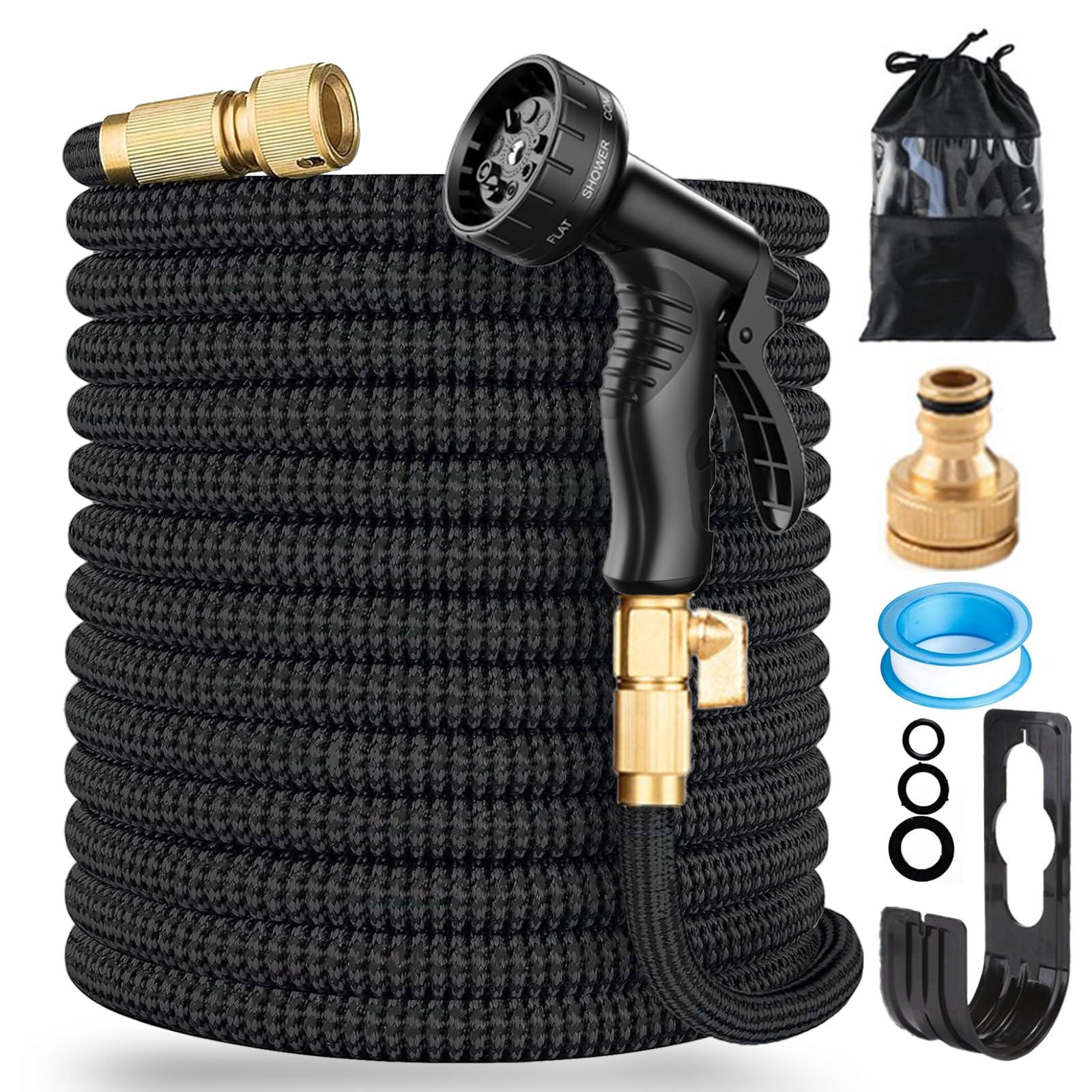 Fascinatdeco Black 25Ft Expandable Garden Hose Pipe, Flexible Expanding Magic Hose With 1/2" & 3/4" Fittings, Garden Hose With 10 Function Spray Nozzle, Durable 3 Layer Latex Core Hosepipe Anti-Leakage