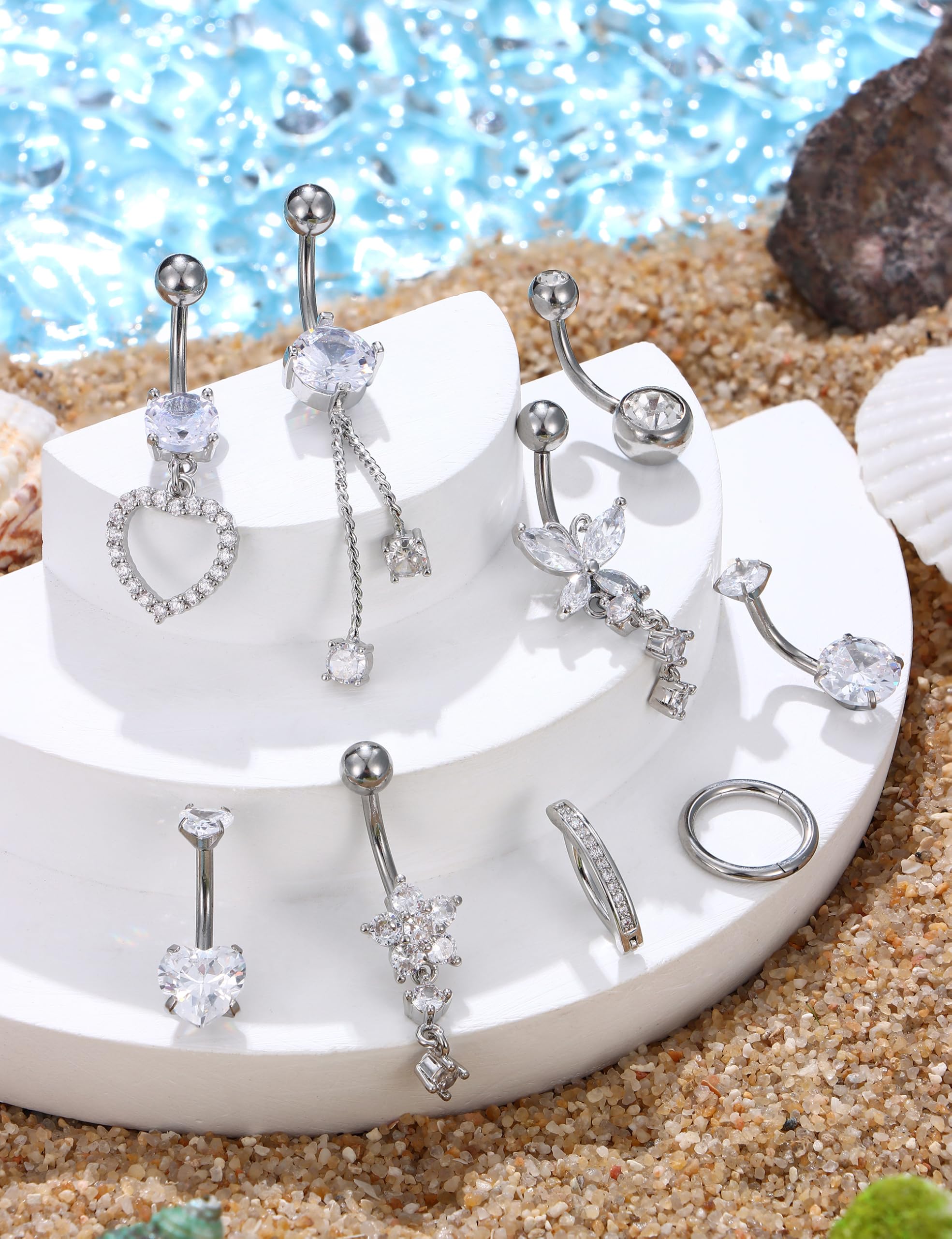 YADOCA 14G 9 Piezas Piercing Ombligo Acero Quirúrgico Plata/Oro CZ Clicker Colgante Anillo