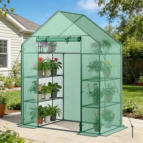 Vista 9 de Grezone Invernadero de Paso Mejorado Casa Verde con Puertas de Malla con Cremallera y 6 Ventanas de Malla Casa Cálida para Plantas de Plástico