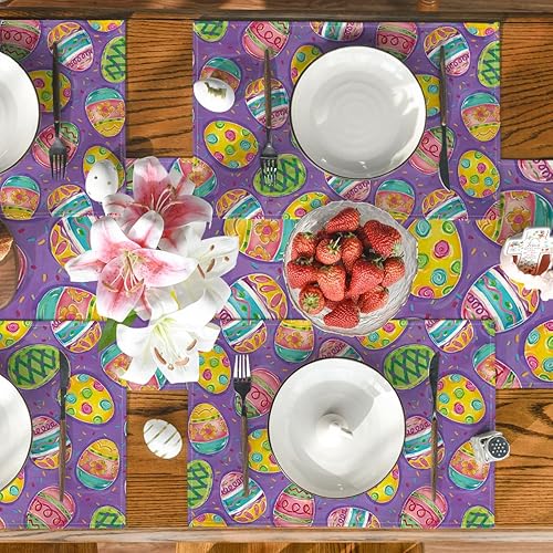 Miniatura 5 de Artoid Mode Juego de 4 manteles individuales de Pascua con huevos de acuarela morados, 12 x 18 pulgadas, manteles individuales de primavera para