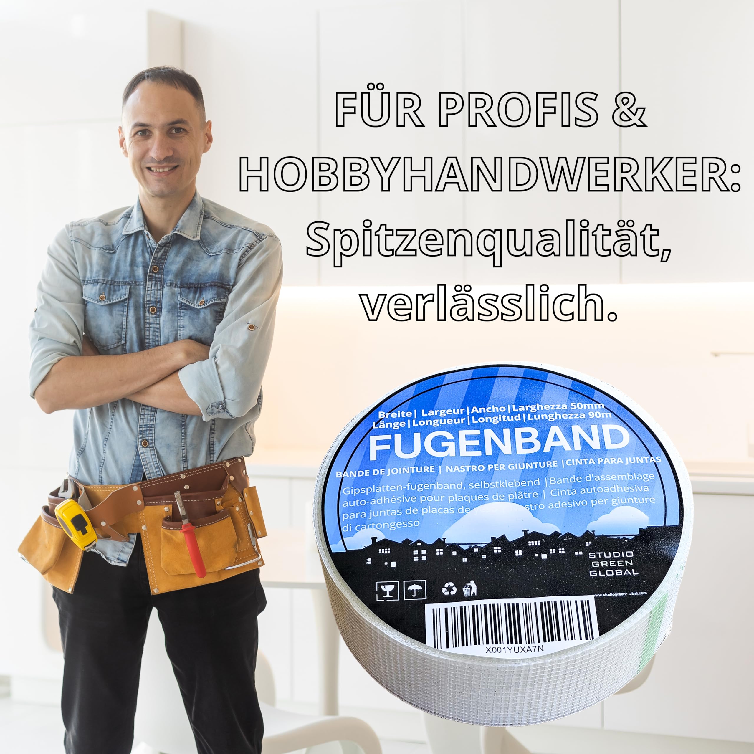 Selbstklebendes Fugendeckband, 50 mm x 90 m, als Bewehrungsstreifen zum Verfugen von Gipskartonplatten.