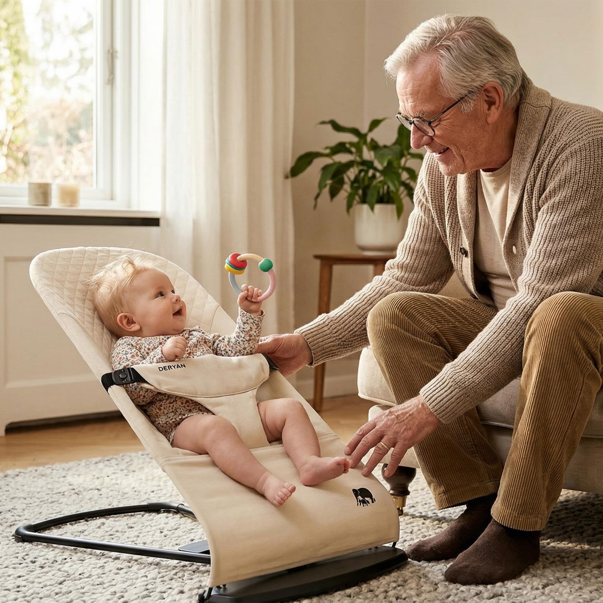 DERYAN Buddy – Balancín para bebé – Ergonómico y suave – Ajustable y plegable – Balancín de viaje para bebés 0 – 9 kg – Crema