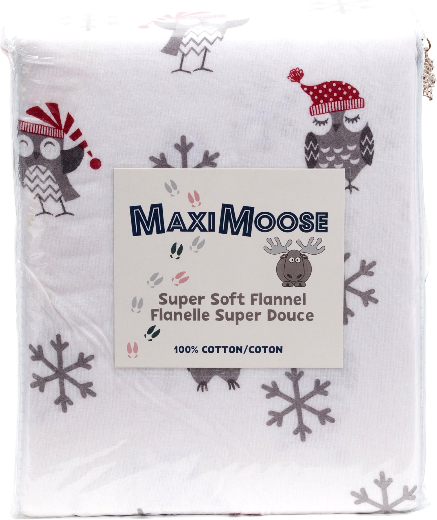 Maximoose Winter Holiday Owl Flannel Sheet Set 100% Cotton Grey Red Gray Girls Boys Kids Snowflake Bedding Gray (Twin)