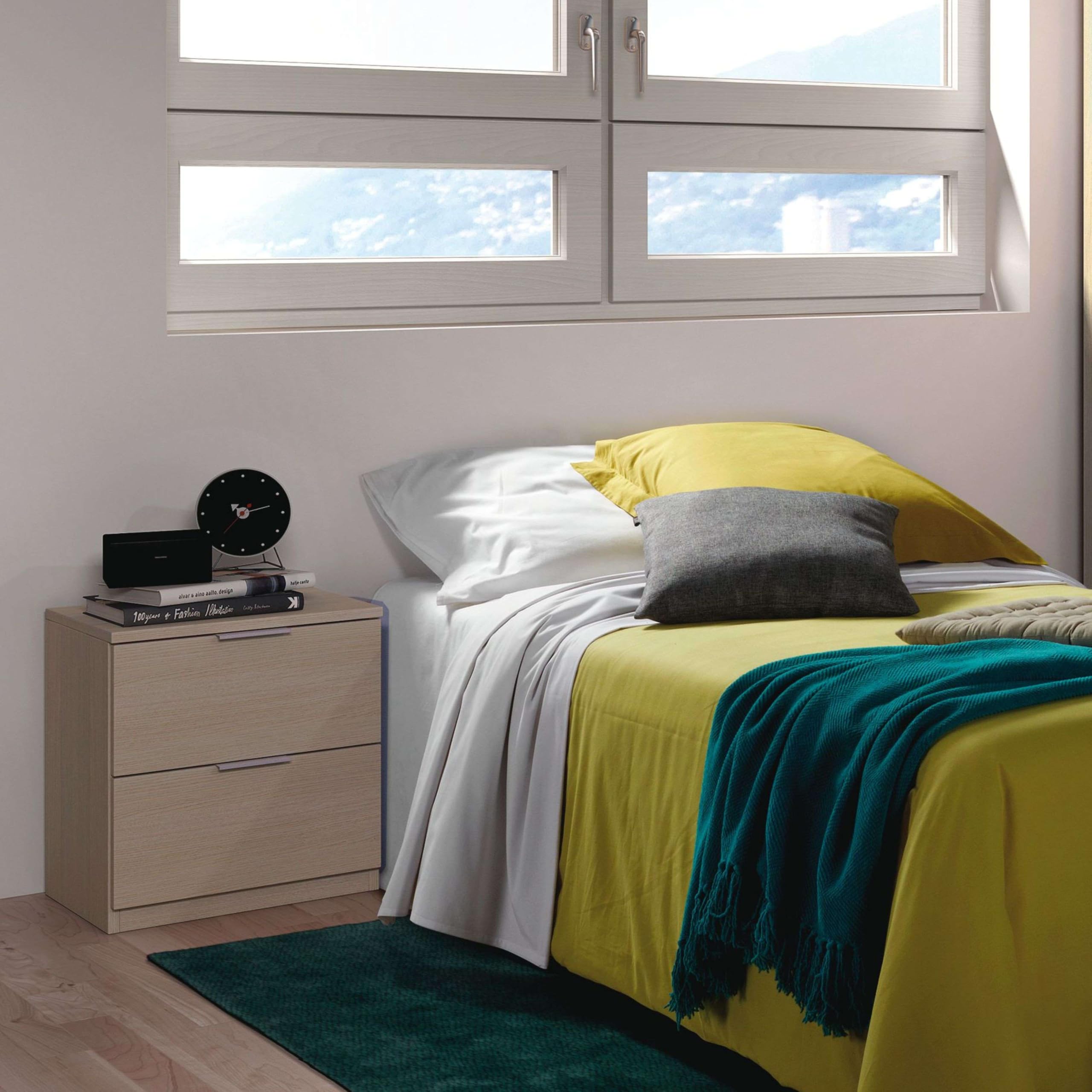 Habitdesign LC7820R - Table de Chevet avec Deux tiroirs Low Cost, Table de Chambre à Coucher Couleur Beige, Mesure 45 cm (Hauteur) x 38 cm (Longueur) x 34 cm (Profondeur)