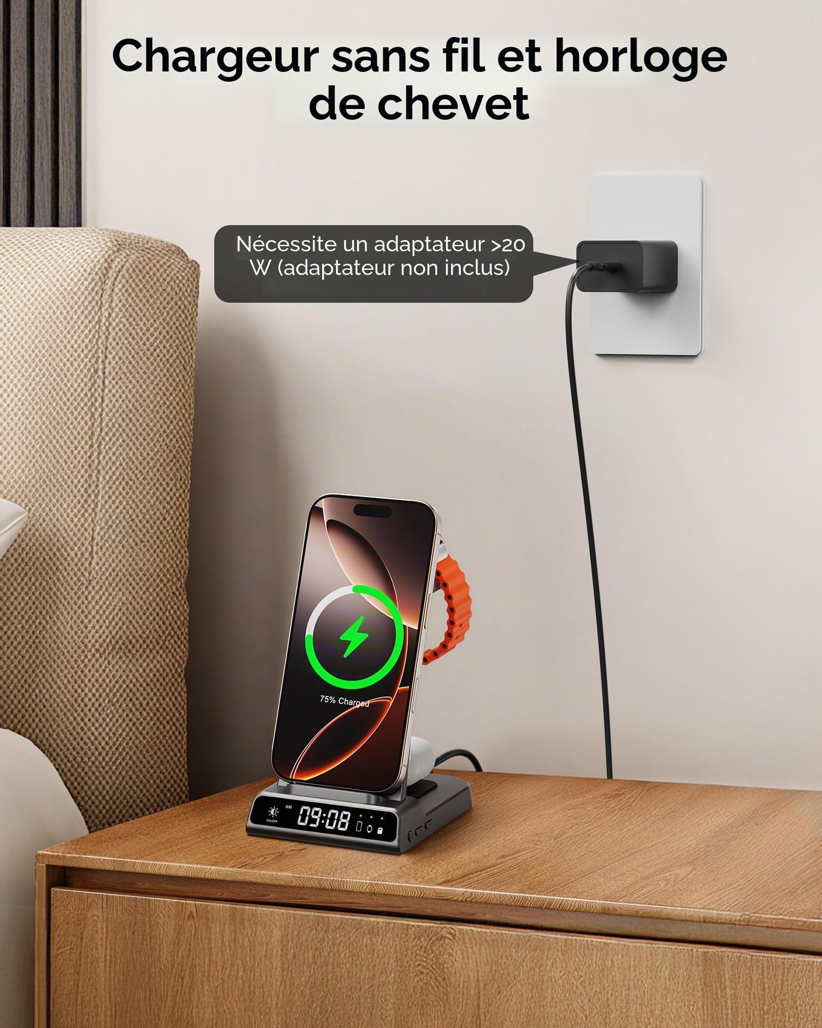 SwanScout Chargeur Induction 3-en-1 pour iPhone/Apple Watch/AirPods | Chargeur sans fil pour iPhone Air/17/16/15/14/13/12, pour Apple Watch Ultra 3/11/10/9/8/7/SE 3 et AirPods, SwanScout C02A