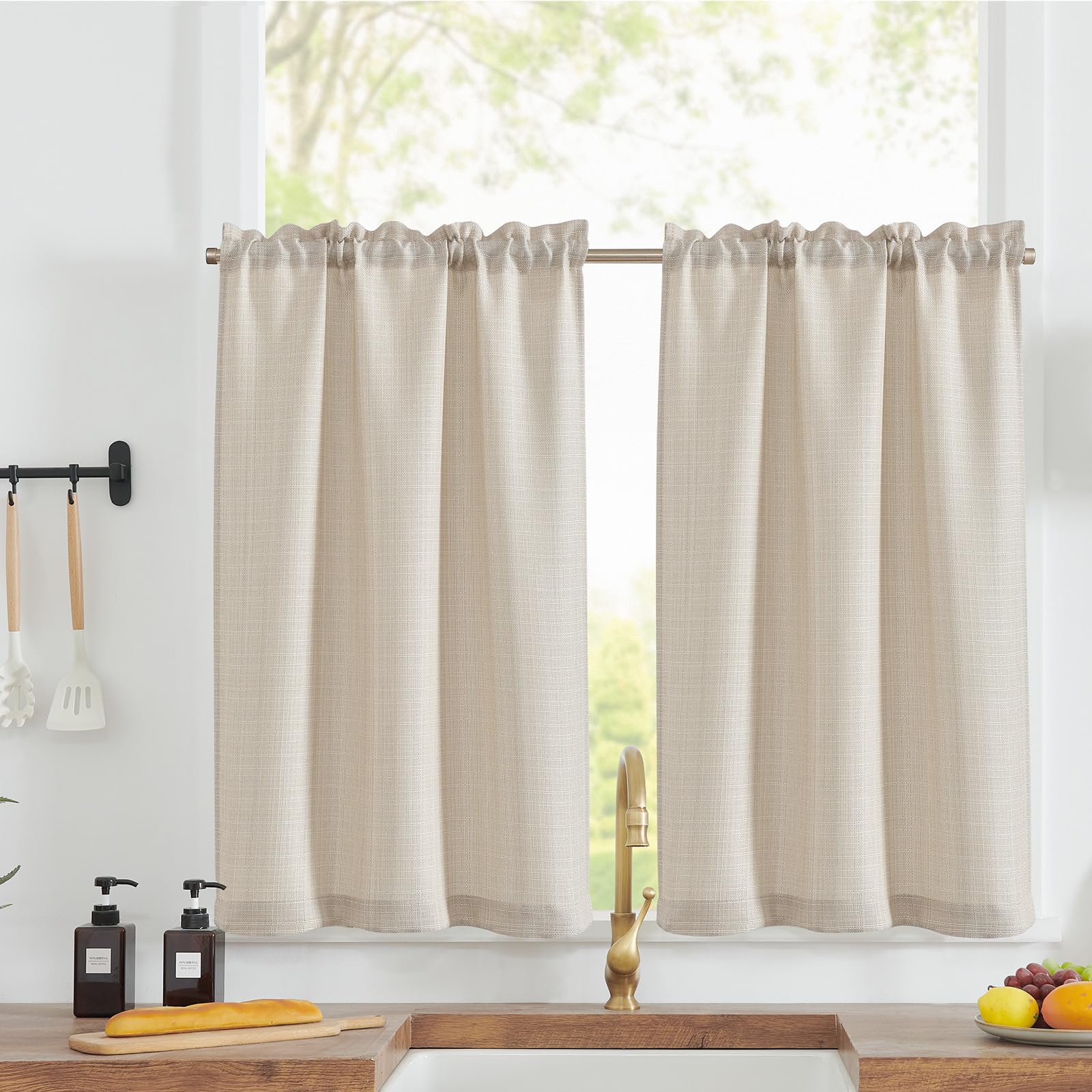 TOPICK Cortinas de cocina, modernas, semitransparentes, cortas, para ventana, para baño, granja, salón, juego de 2 unidades, color beis, 70 x 90 cm (ancho x alto cm)
