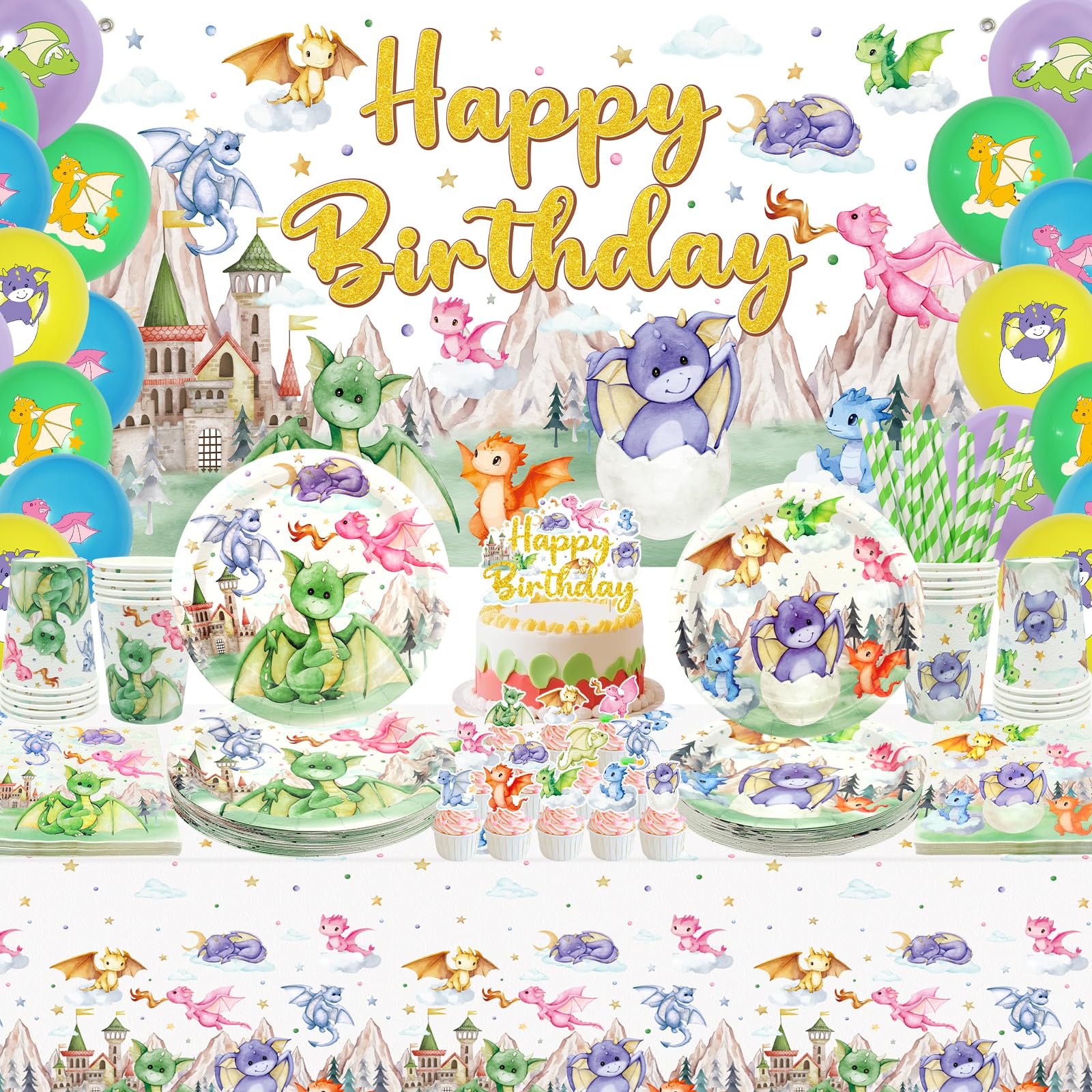 Dragon Birthday Party Decoration ,Including Happy Birthday Party Backdrop, Plates,Cups, Napkins, Tablecloth, Balloons, Straws,Dragon Birthday Decorations Serves 20 Guests