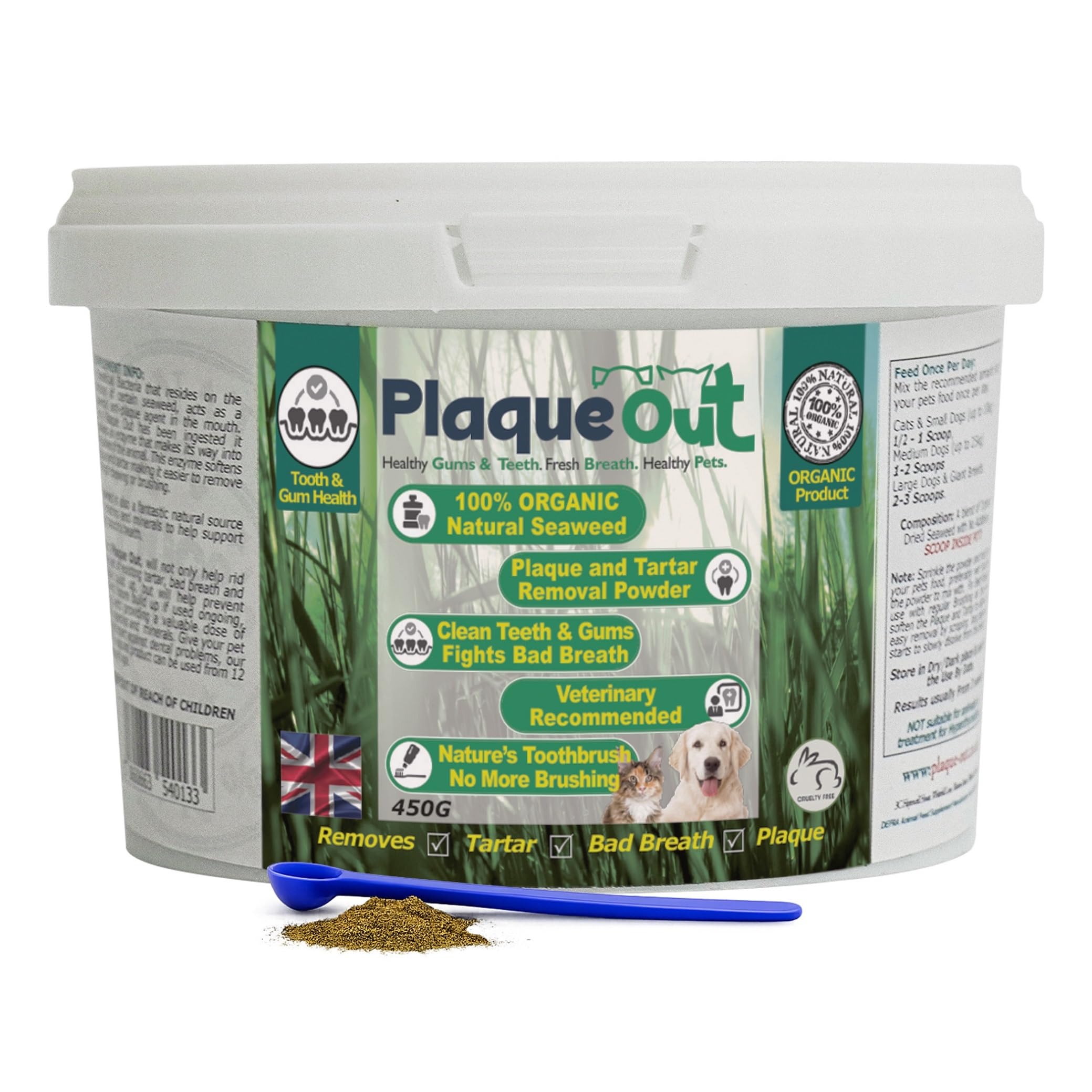 PLAQUE OUT 450g Pot - Plaque Off Remover - 100% Natural and Organic Seaweed Powder for Dogs & Cats - Dog Teeth Cleaning, Plaque Removal, Pet Dental Care, Bad Breath, Gum Care and Tartar Control