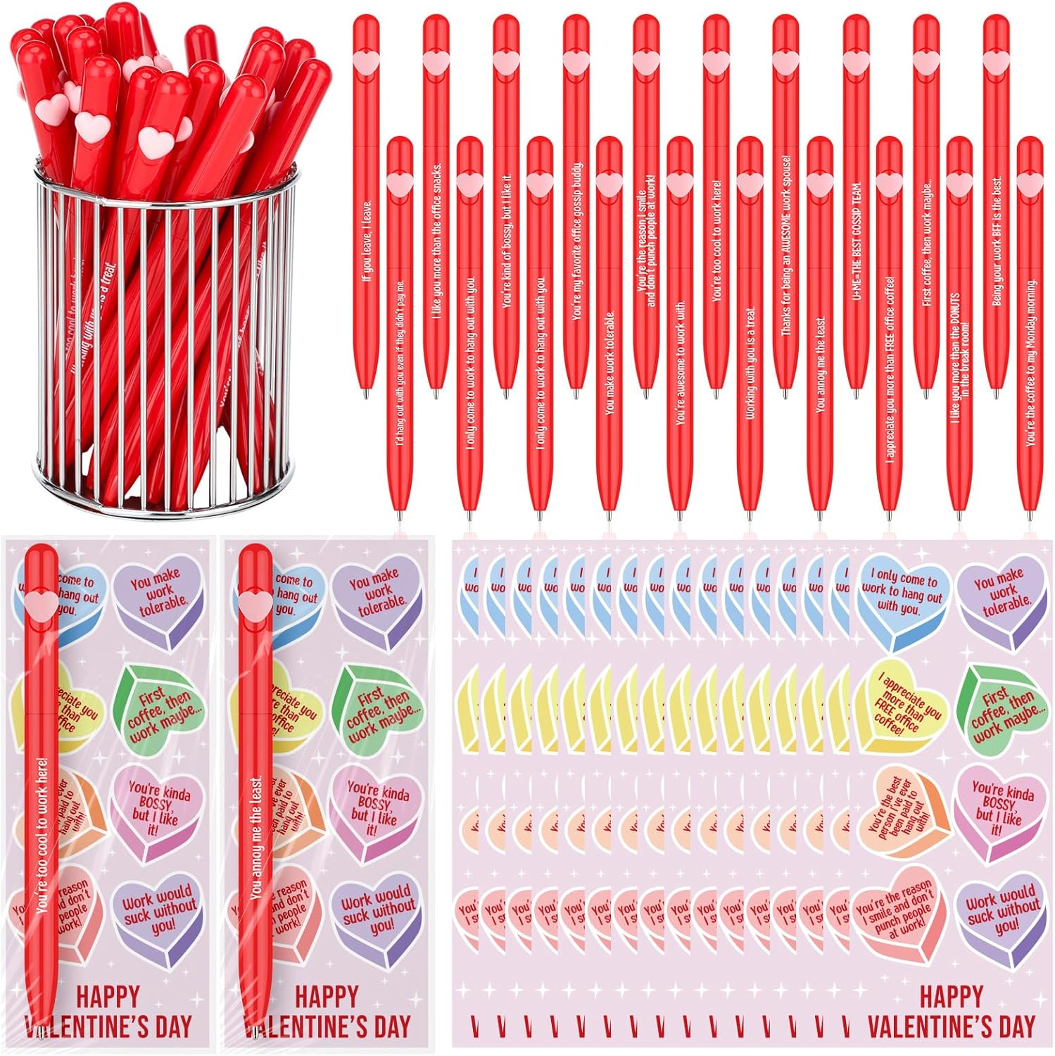 Glenmal 20 Set Funny Coworkers Valentine's Day Heart Pens with Cards Bulk Valentines Humorous Quotes Ballpoint Pens Bookmarks for Coworker Adults Employee Office Valentines Party Gifts (Red)