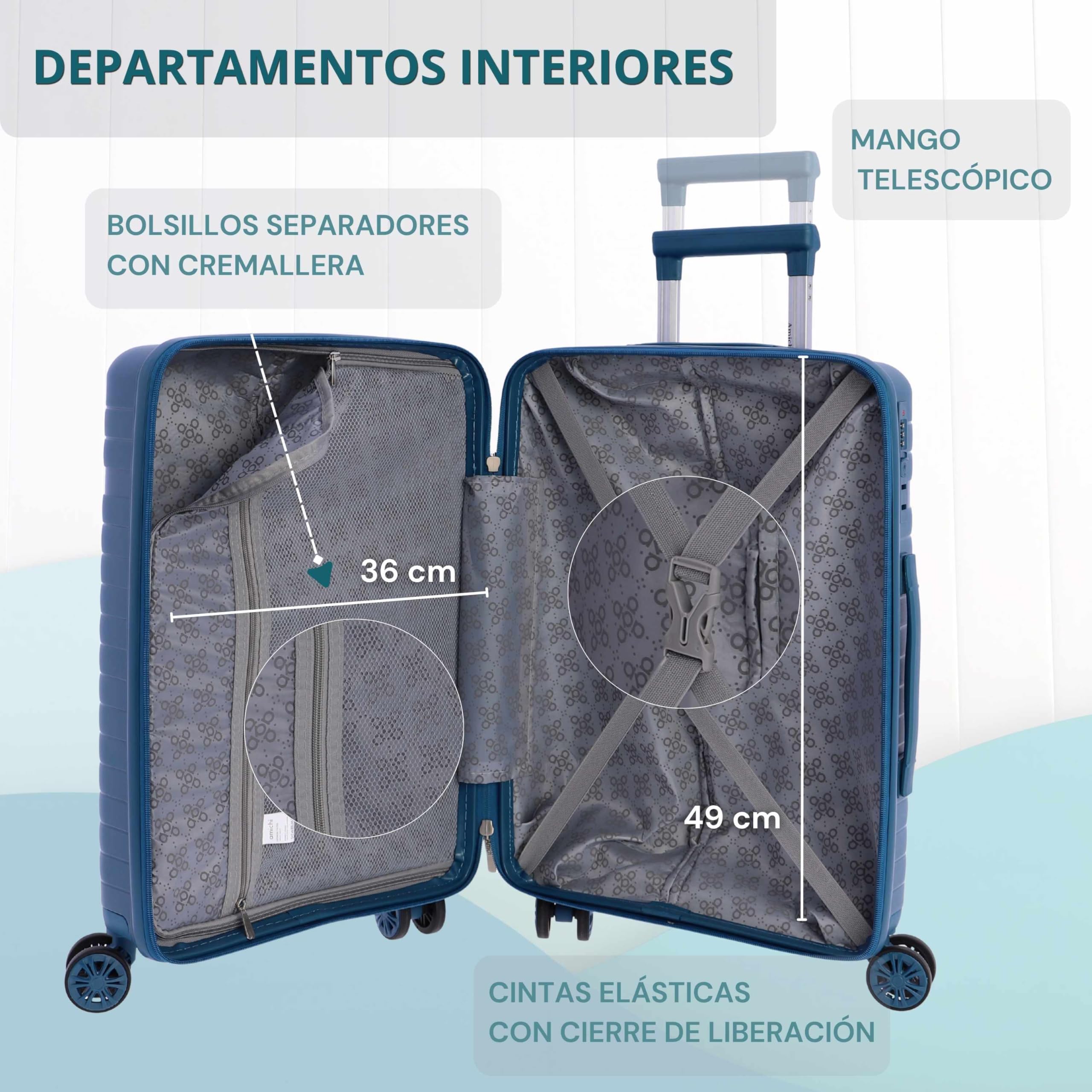 AMICHI - Maleta Cabina 55x40x20- Maletas de Viaje - Maletas de Viaje Cabina Apta para Ryannair- Trolley Equipaje para Avion Resistente con 4 Ruedas de 360º y candado TSA - 5