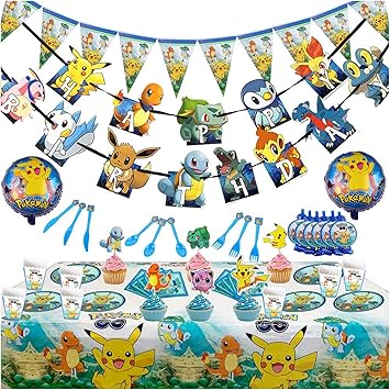 Amazon 146ピース ピカチュウ 誕生日パーティーデコレーション 子供用 カーニバル ポケモン パーティー用品 デコレーション カートゥーン テーブルクロス バルーン バナー プレート テーブルカバー ナイフ フォーク スプーン ポケモンテーマパーティー パーティー