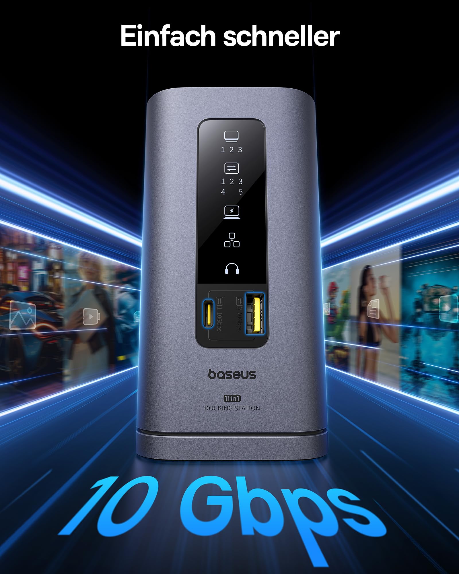Baseus Spacemate Displaylink Docking Station USB C 11-in-1, 3 Monitore 4K, 10Gbps USB-C/A, 100W PD, Ethernet, Audio, für M1/M2/M3/Win und MacOS