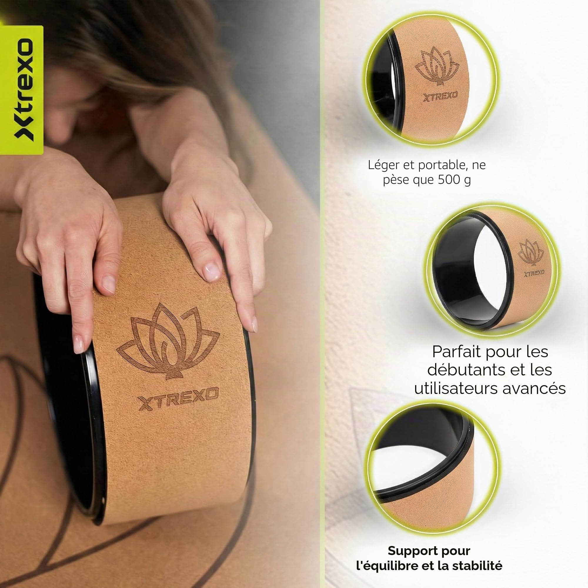 TREXO Roue de yoga en liège naturel avec un diamètre de 26 cm et une largeur de 13 cm, marron, en liège 100% écologique, parfait pour s'étirer, confortable grâce au rembourrage en mousse, roue de
