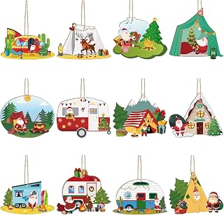 36 Pieces Happy Camper Christmas Tree Ornament Wooden Hanging Ornament Rv for Santa Camper Tree Decor with Rope for Party Decor Supplies