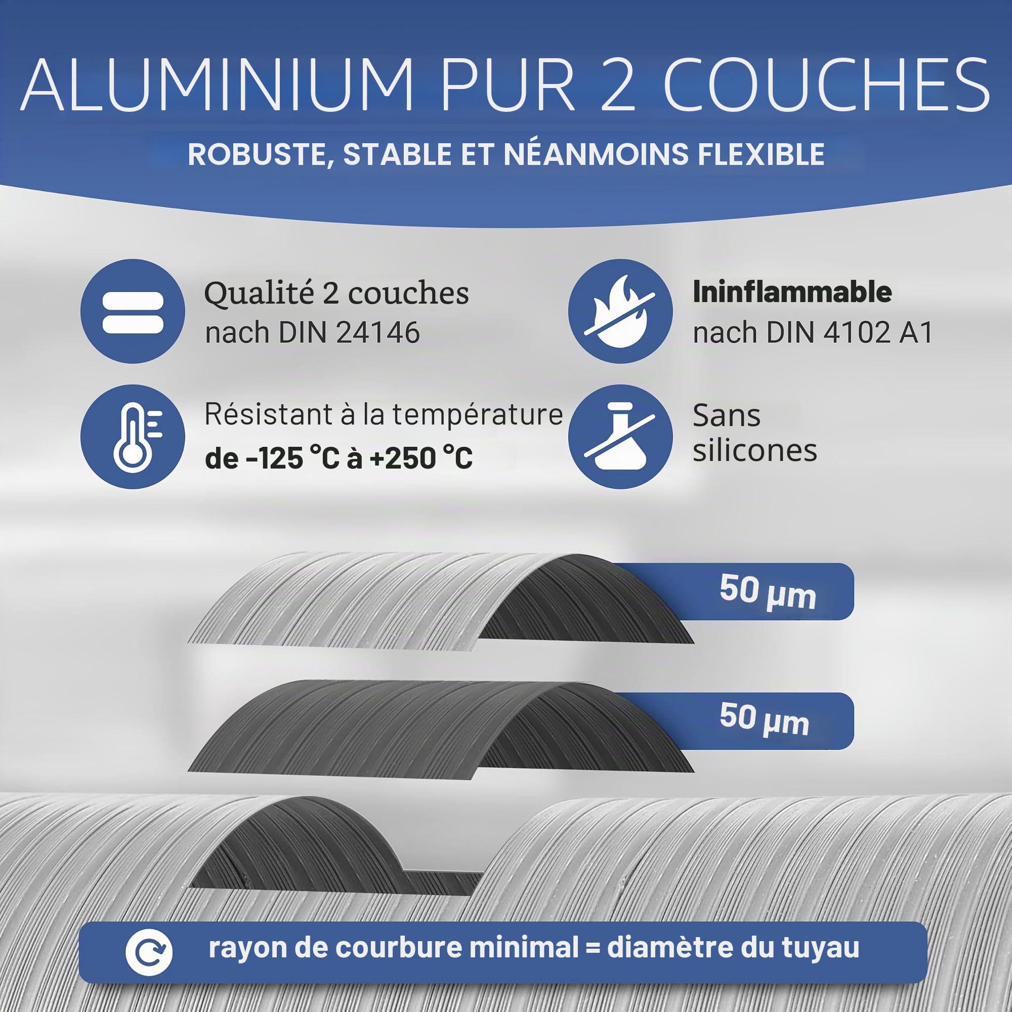Tube flexible en aluminium 3 m (simple couche)/5 m (double couche) DN 50 63 71 76 80 100 125 150 160 180 200 224 250 - tube/tuyau d'aération flexible en aluminium, argent