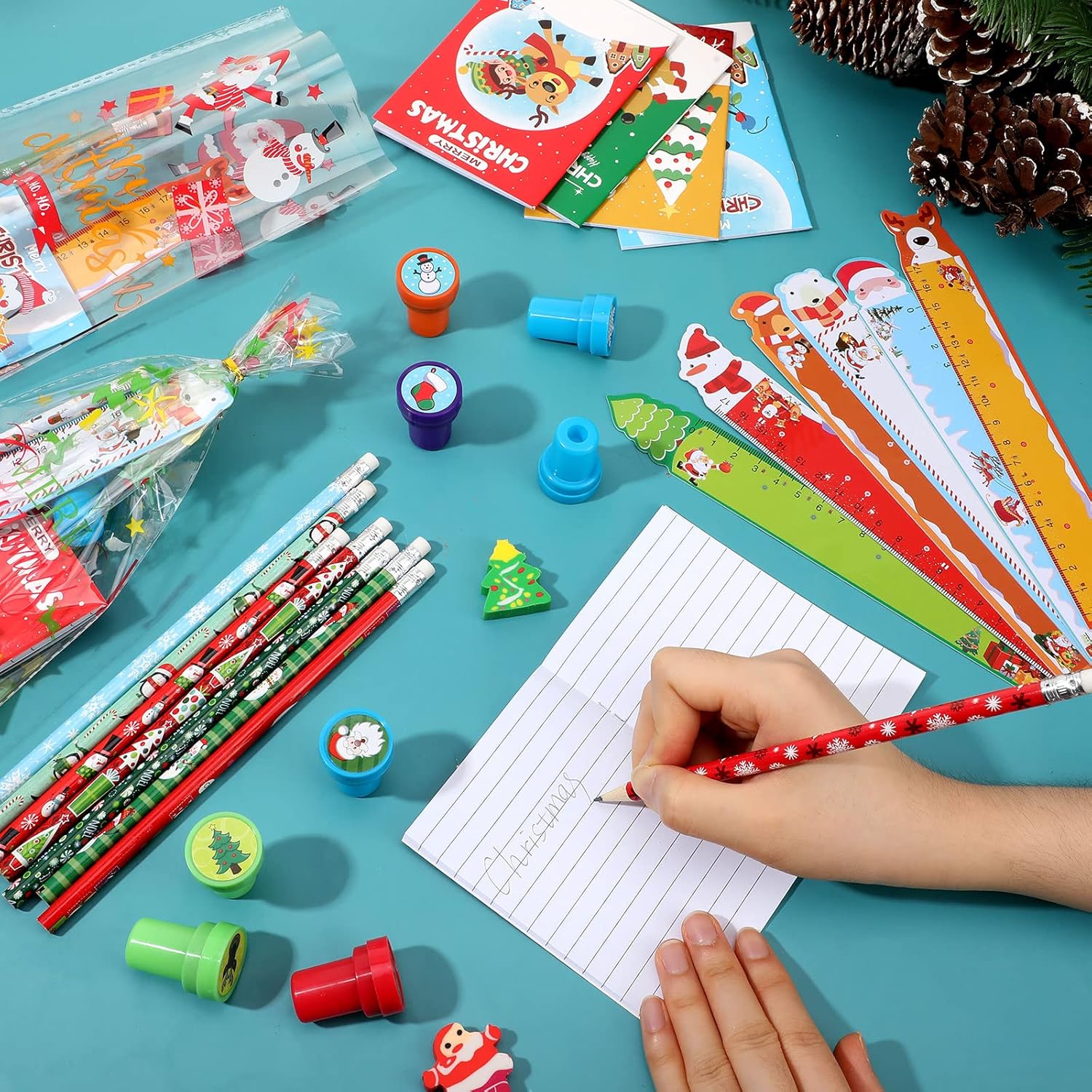 Yexiya 216 Pcs Christmas Stationery Party Favors Goodie Bag Stuffers Bulk Include Pencil Eraser Ruler Stamp Mini Notebook Treat Bag Sticker Gift Exchange Prizes Carnival Event - Image 3