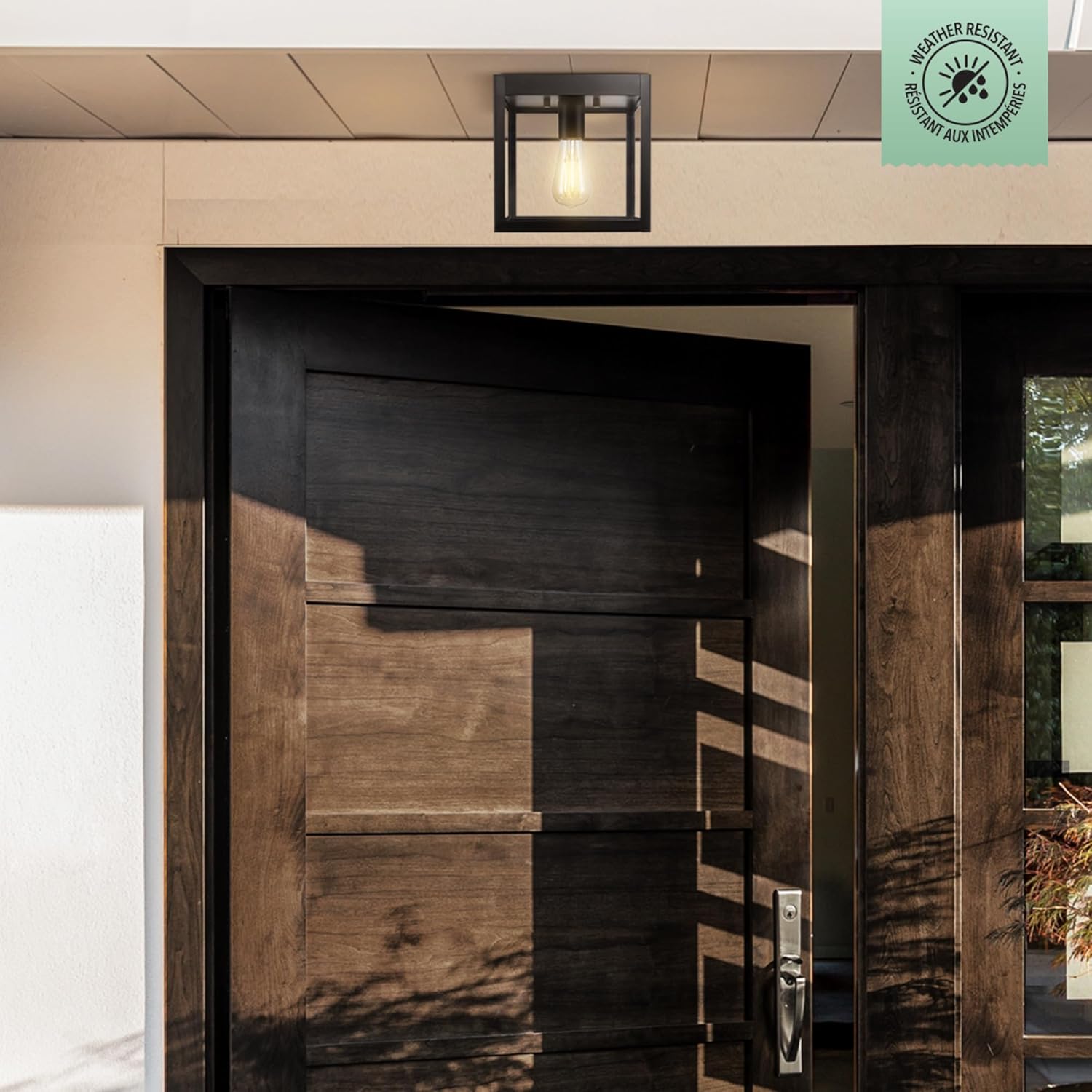 Outdoor flush mount light fixture installed above a dark wooden door