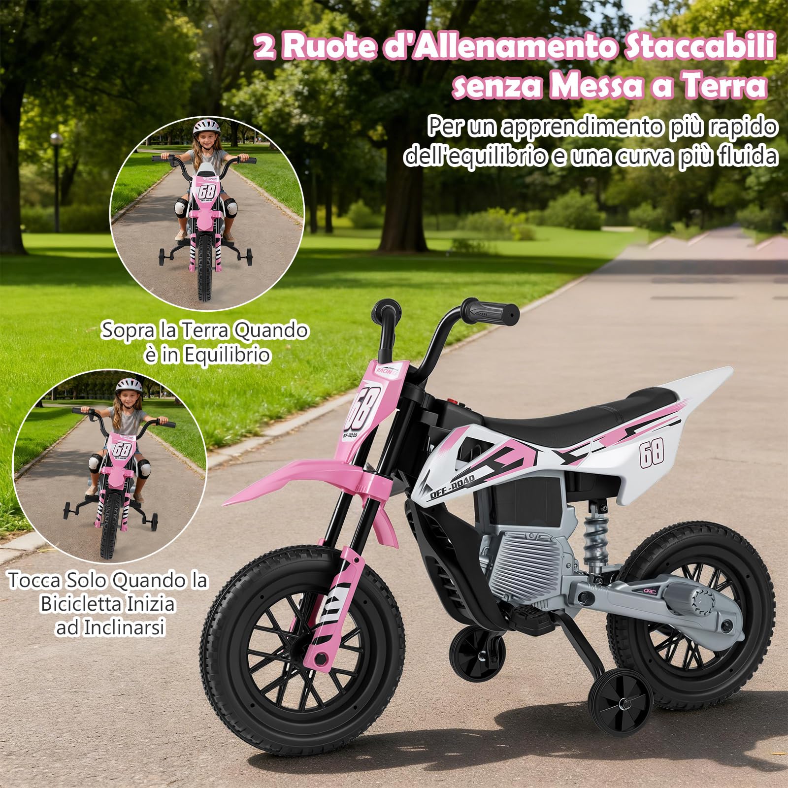 COSTWAY 12V Moto Elettrica per Bambini, Motorino Elettrico con Ruote di Allenamento Rimovibili, Sospensione a Molla, Musica e Connessione Wireless, Motocicletta Cavalcabile per 3-8 Anni (Rosa)