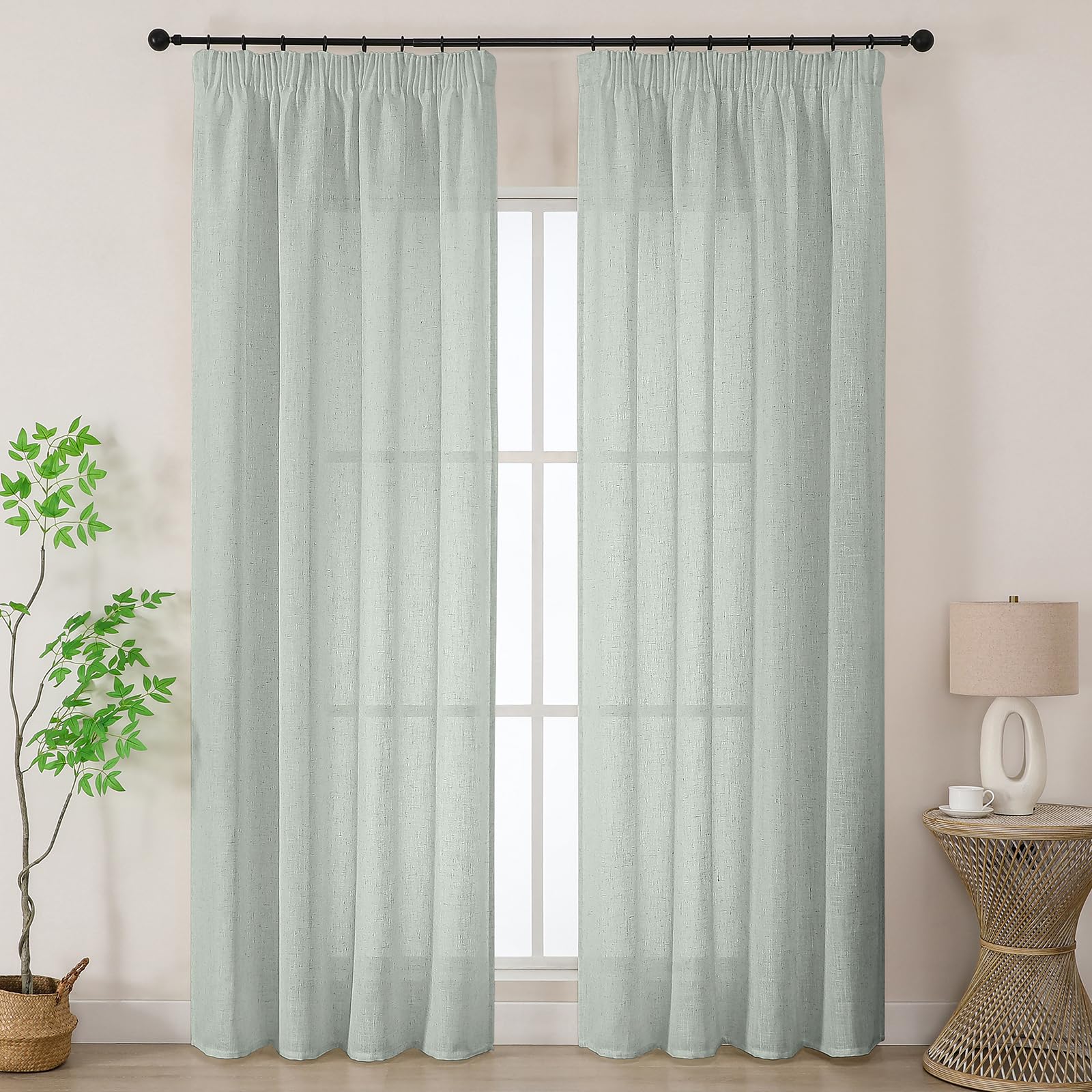 Joydeco Leinen Gardinen mit Kräuselband 2er Set 225x140 HxB Voile Leinenvorhänge für Schienen Halbtransparente Leinenoptik Wohnzimmer Schlafzimmer