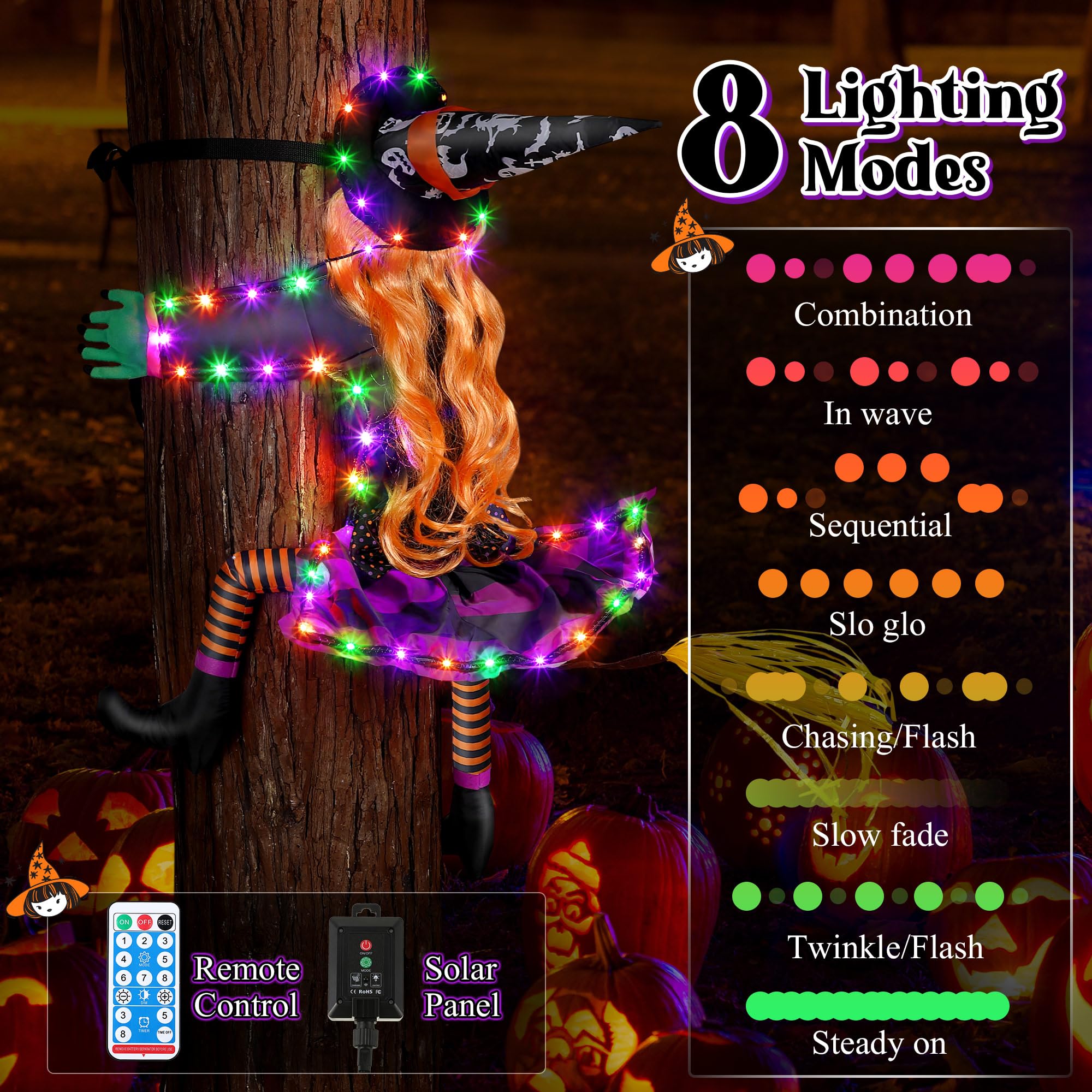 Crashing Witch into Tree Halloween Decorations (43 Inch Tall), Large Crashed Witch Sewed with Solar String Lights for Outdoor Porch Garden Patio Pathway Party Halloween Decor (Purple, Orange, Green)
