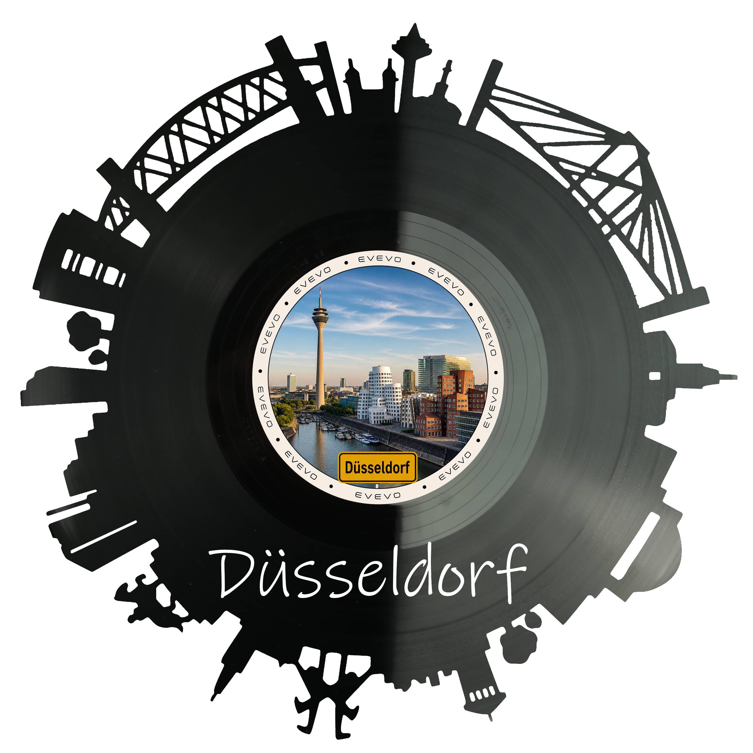 EVEVO Wall Decoration Made of Vinyl Record Düsseldorf - Vinyl Wall Art North Rhine-Westphalia Skyline Gift for Düsseldorf Fans, Rhine Bank Media Port Lovers D0061