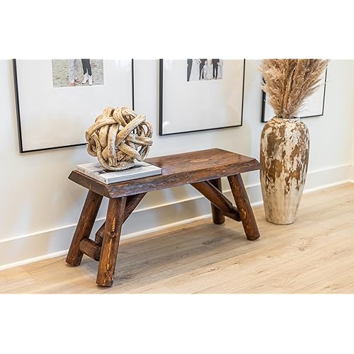 SRL Rustic Logwerks Indoor Bench — Pine & Cedar Wood Bench — Front Porch Decor — Live Edge Small Bench for Entryway, Garden & More — Handcrafted Wooden Bench — Rustic Furniture (36”, Honey Pine)