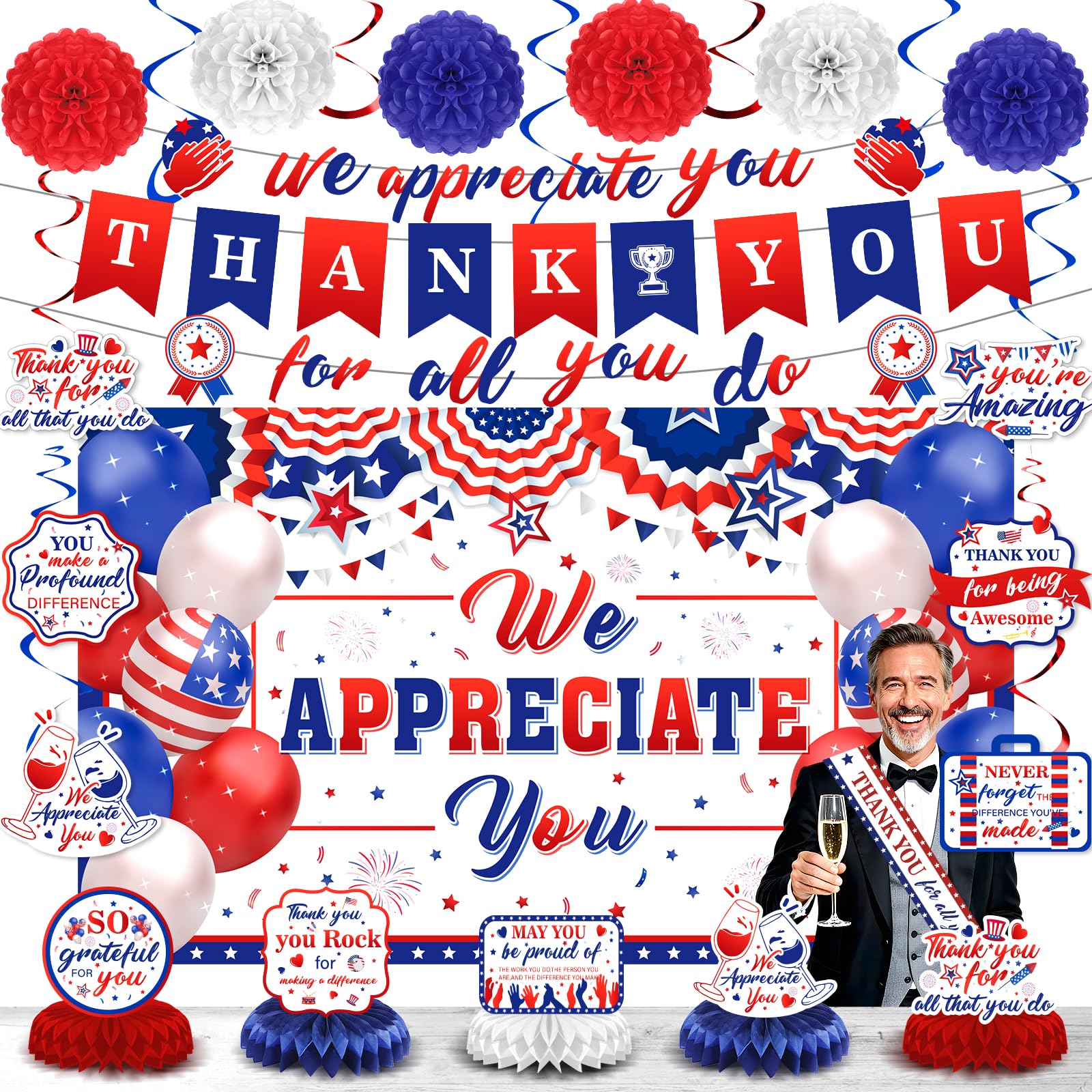 We Appreciate You Party Decorations Red Blue Thank You for All You Do Banner Honeycomb Centerpieces Hanging Swirls for Men Labor Day Office Employee Pastor Teacher Doctor Appreciation Party Supplies