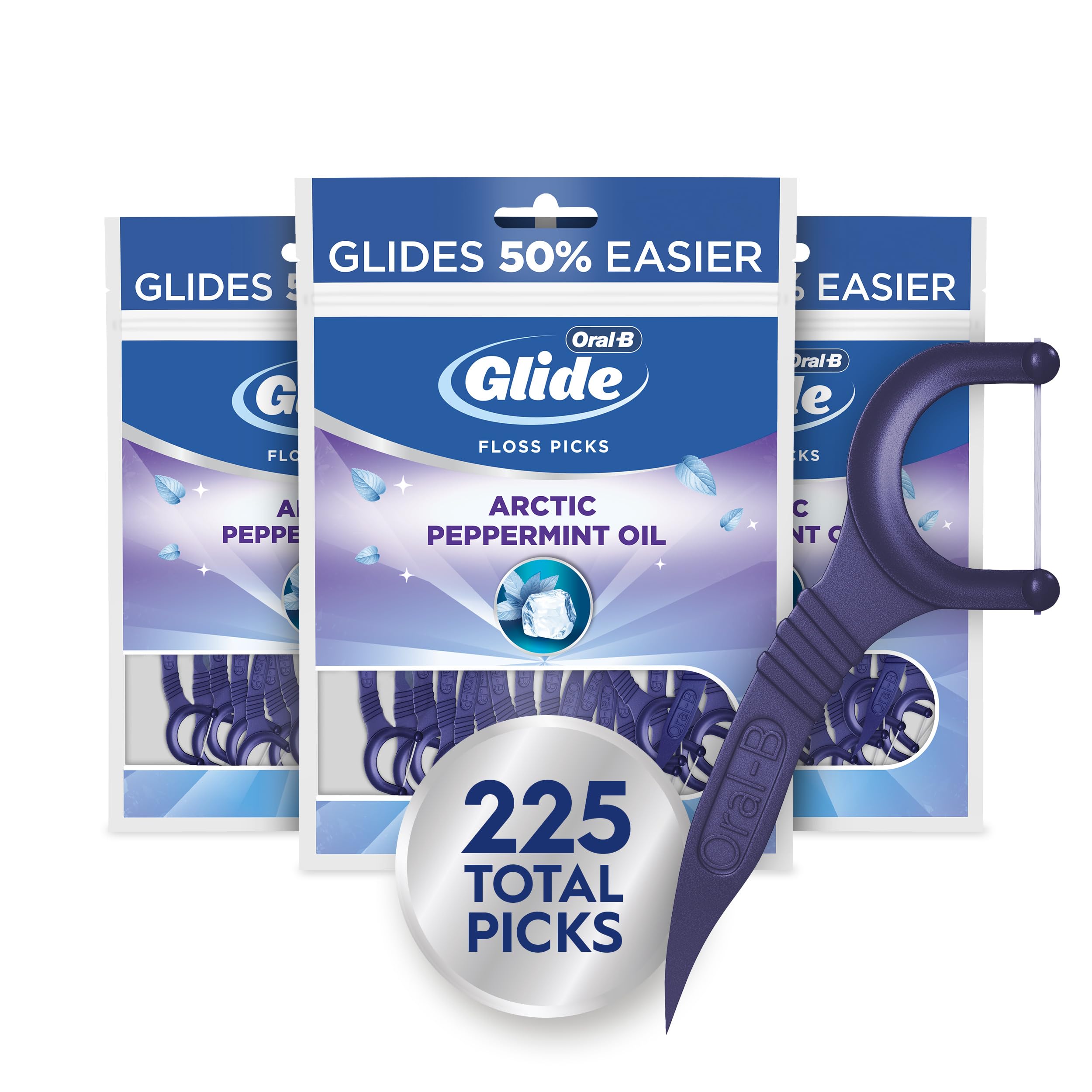 Oral-B Glide Peppermint Dental Floss Picks with Arctic Peppermint Oil Flavor, 75 Count, Pack of 3
