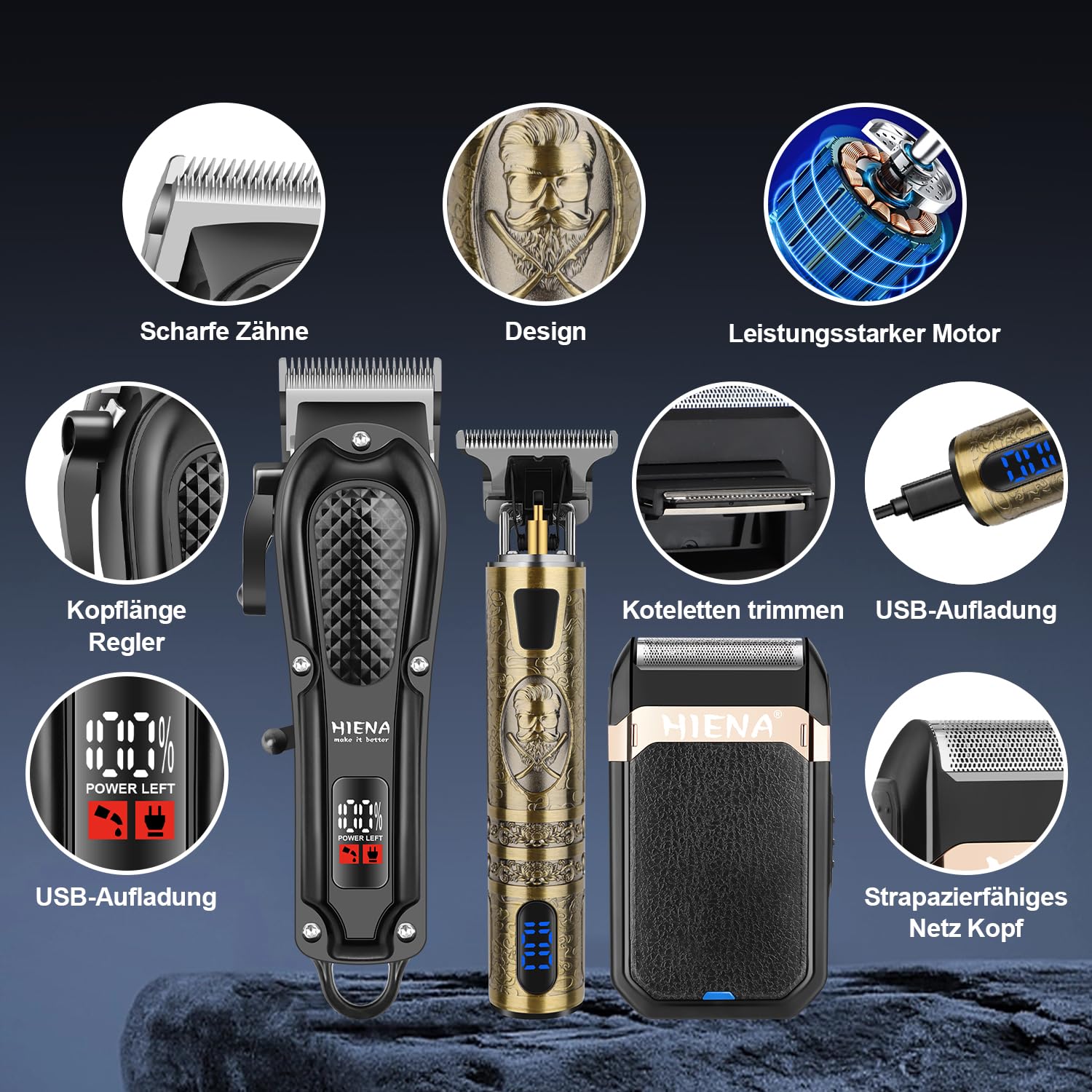 HIENA PRO Set tagliacapelli professionale per uomo, senza fili, 3 in 1, con rasoio a pellicola, set da barbiere ricaricabile USB-C con display LED