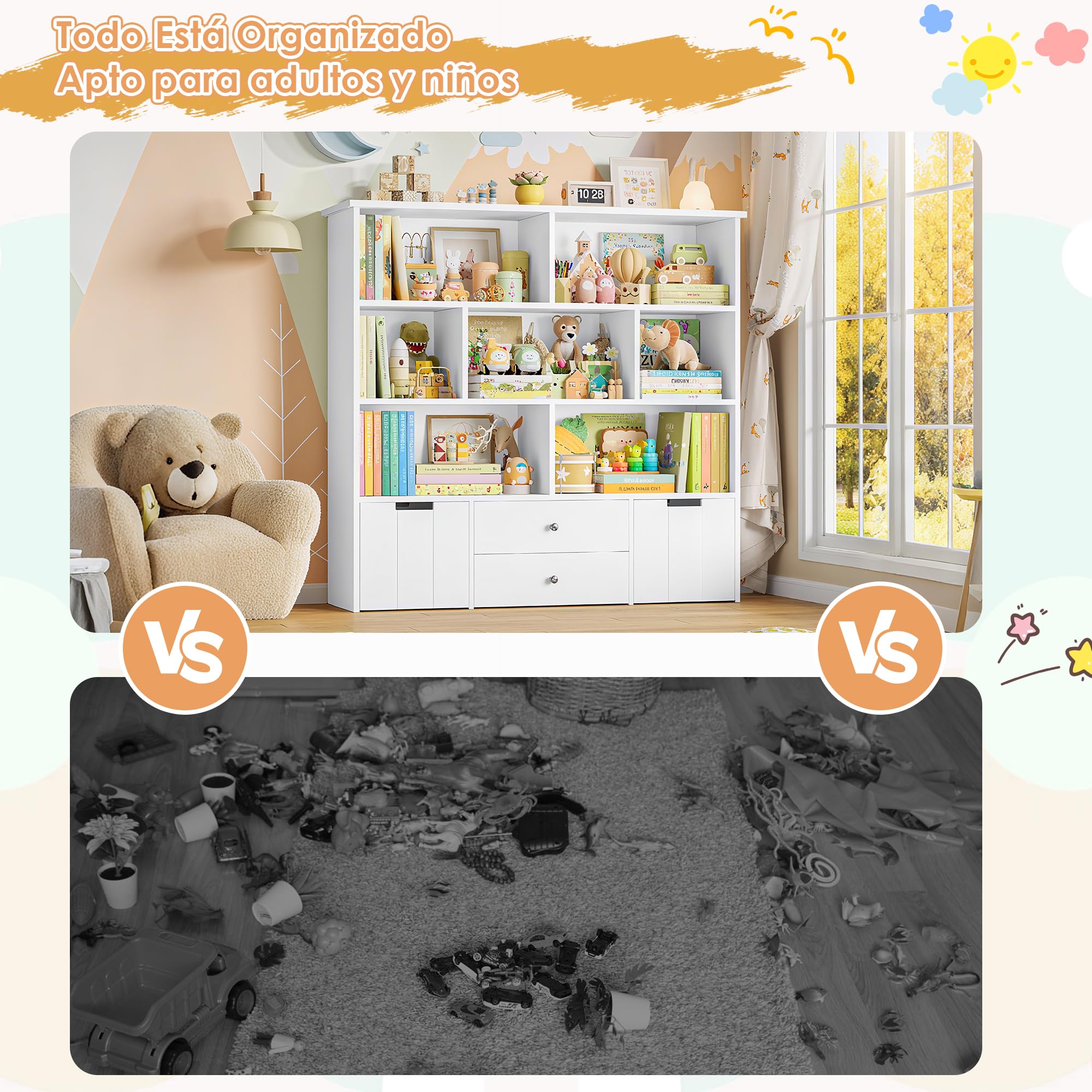 FOREHILL Estanteria Montessori Infantil Mueble Almacenaje Juguetes, Mueble Organizador Juguetes, con 4 Cajones, 7 Compartimentos Abiertos, para Habitación Infantil, Salón, Blanco 125x33x120 cm