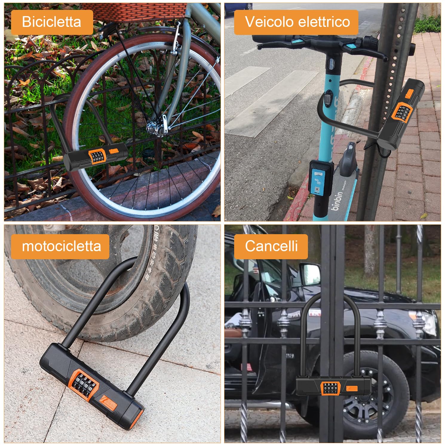 Lucchetto a U per bicicletta, Anti-furto A 4 cifre Serratura a combinazione con cavo, Lucchetto a cavo da 1,2 m per bicicletta, scooter elettrico, moto, porta