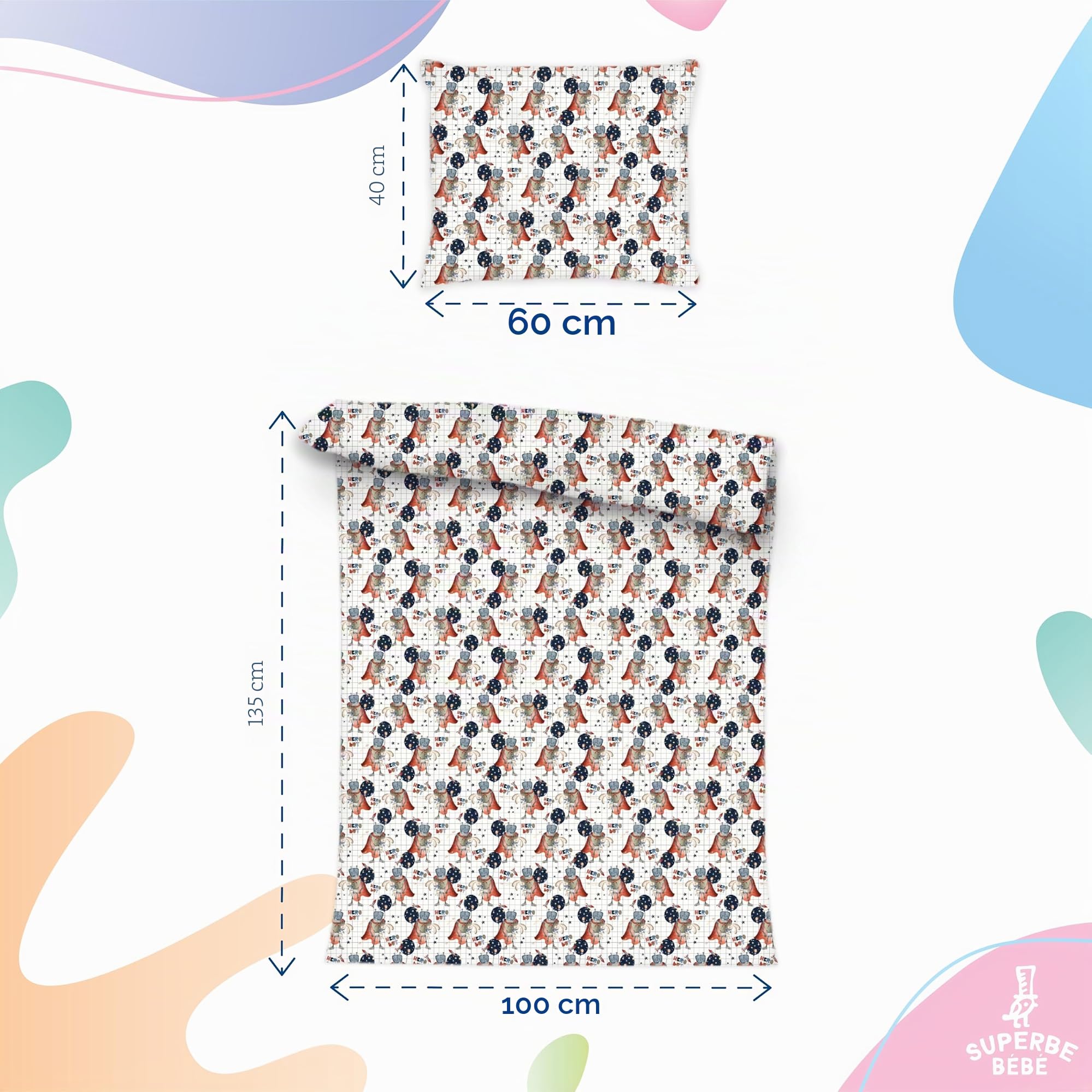 SUPERBE BEBE Set Copripiumino Bambino - Copripiumino 100x135 cm e Federa 40x60 cm in Cotone OEKO-TEX - 10 Colori a Scelta - Morbido e Confortevole per Bambini - Ideale per Notti Tranquille