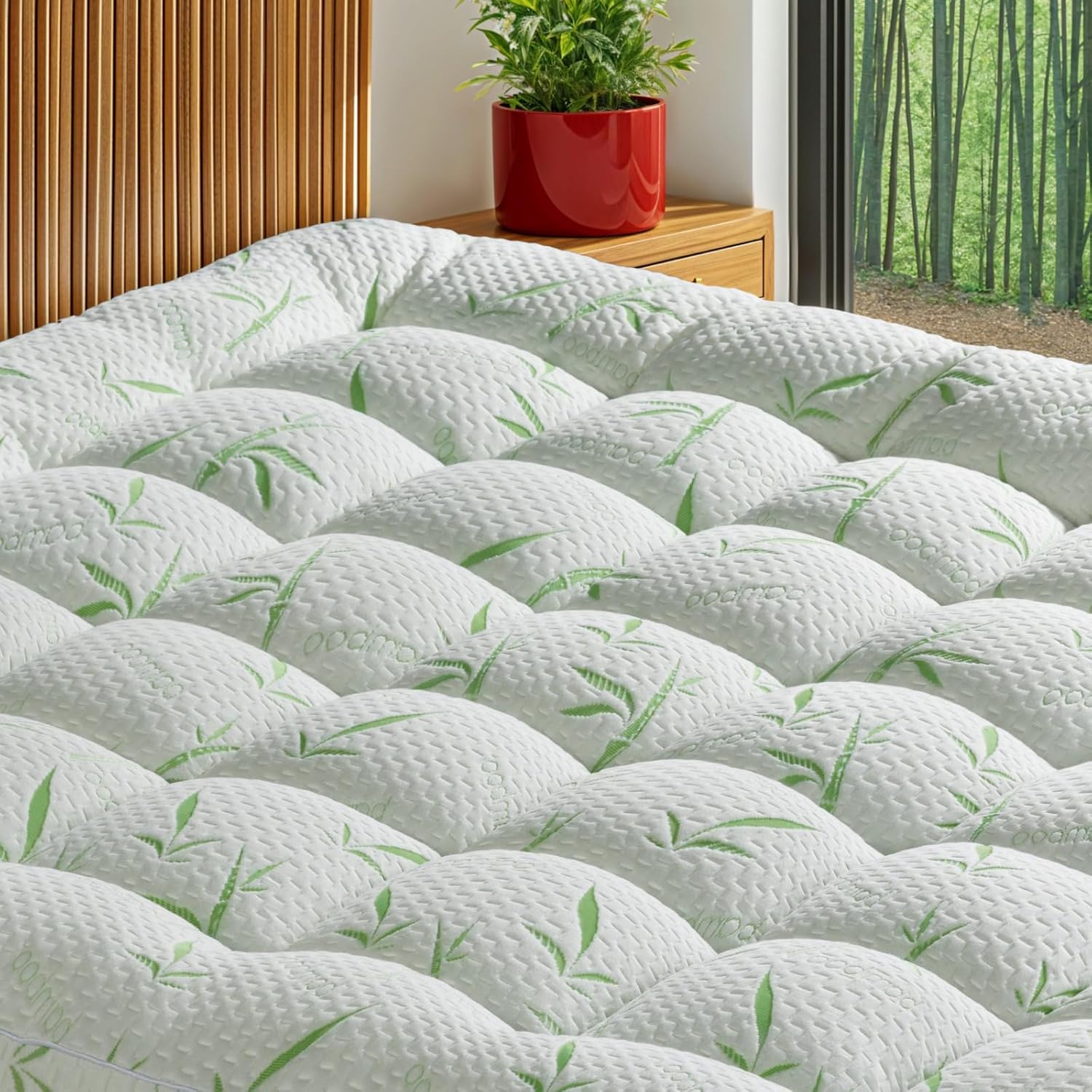 Mattress Topper Queen Size,Viscose Made from Bamboo Pillow Top Mattress Topper,1200 GSM Cooling Mattress Pad,2In Extra Thick Pillow Top for Back Pain with 8"-18" Deep Pocket(60"x80") Bamboo Queen