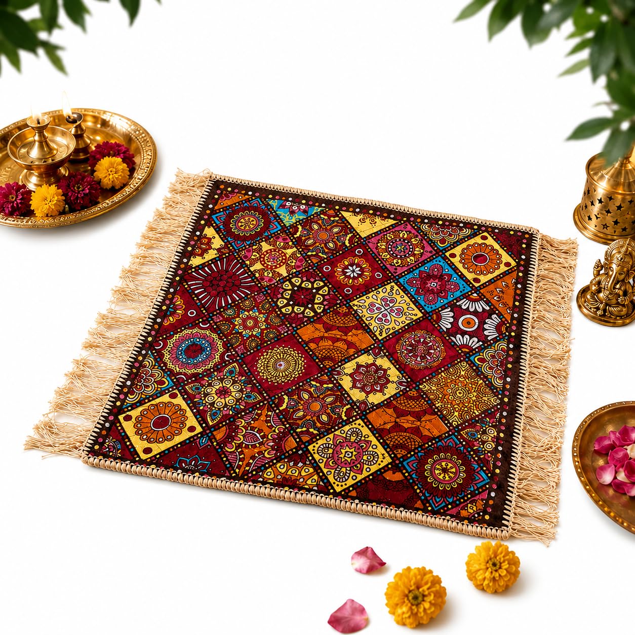 Handcrafted Sitting Mat For Pooja and Meditation, | Size 24 * 24| Multicolor Square Pooja/Hawan/Yoga Mat For Sitting, Aasan For Sitting in Pooja, Multipurpose Mat & Aasan by EVNCOM Pack of 1-image-12