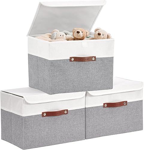 Miniatura 12 de DECOMOMO - Cubos plegables de almacenamiento con tapas, canastas resistentes de tela catiónica, cubos con asas, para organización de estantes, Beige