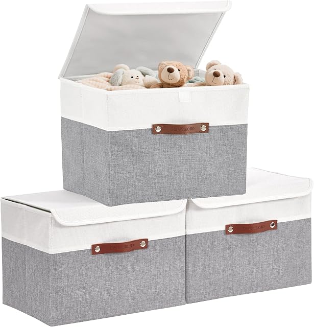 DECOMOMO Storage Box with Lid, Decorative Box, Large Storage Bins with Lid (Grey & White, 3 Pack with Flip Lid) | 3 Pack Storage Baskets for Shelves, Large Storage Box 15"L x 11"W x 11"H