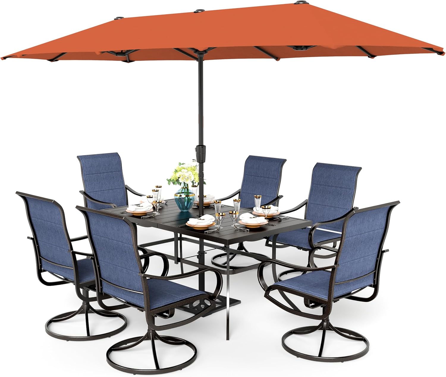 Sophia & William 8 Pieces Outdoor Table and Chairs Set with Umbrella, 6 x Blue Padded Patio Chairs and 59" Metal Dining Table, Patio Set with 13ft Large Patio Umbrella (Orange Red)