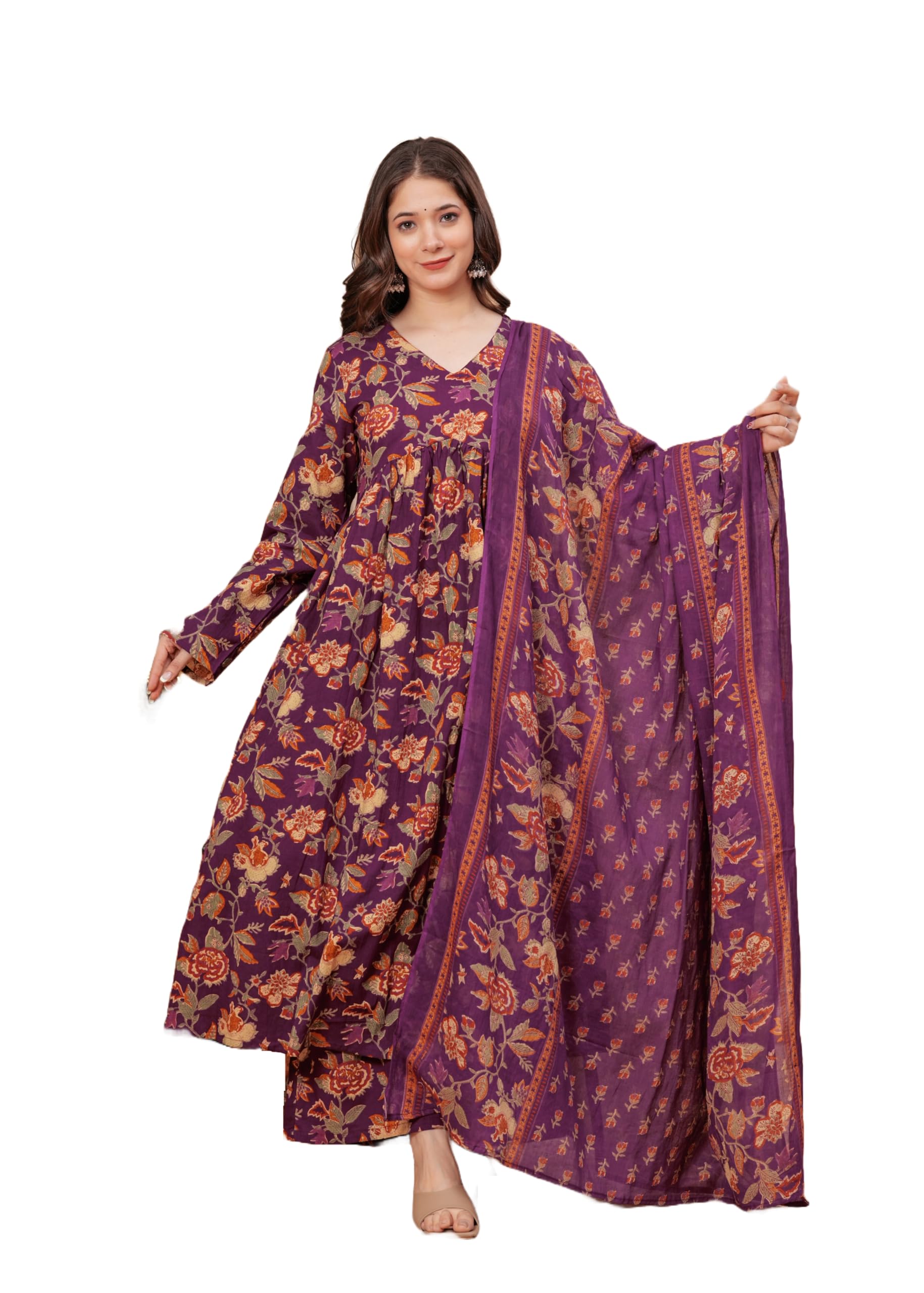 MEERA FABWomen's Cotton Blend V-Neck Plus Size Anarkali Printed Kurta with Palazzo & Dupatta