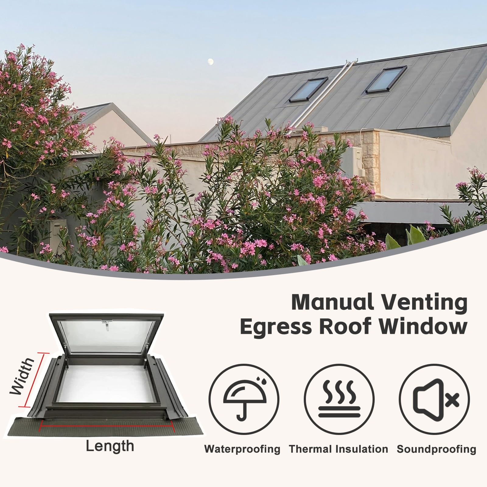 Ventana Skylight - Reemplazo de ventanas de tejado para casas - Ventana de sótano altamente sellada con drenaje - Escotilla de techo con ventana manual para ático/sala de sol(45°,LxW 95x60cm/37.4x23.6