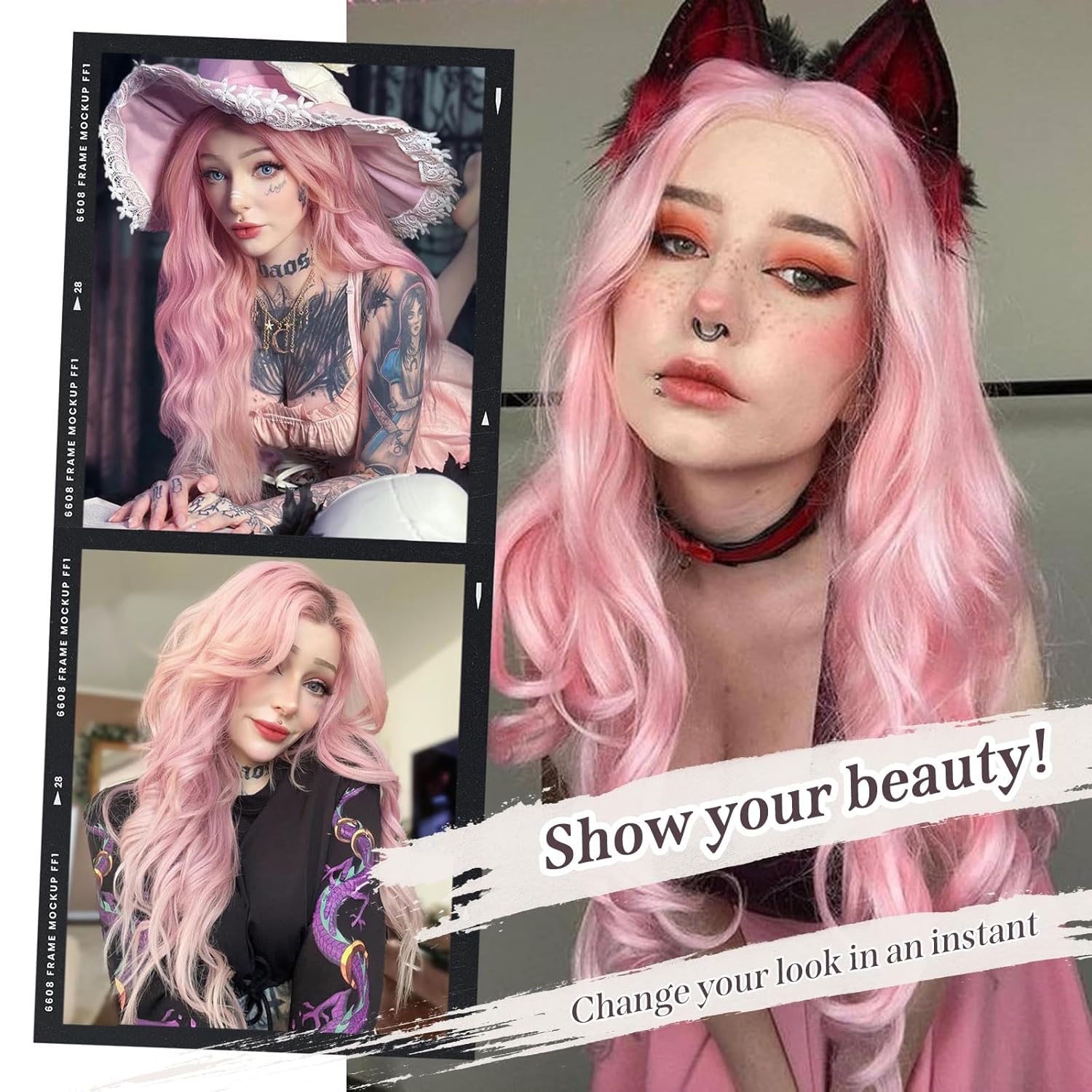 Pink Wig 26 inch Long Wavy Pink Wigs for Women, 13X4X1 HD T-part Synthetic Lace Front Wig Natural Looking As Human Hair Middle Part Pre Plucked Glueless Wigs for Daily Party Cosplay Use (T2313#)