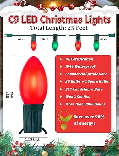 Miniatura 2 de C9 - Tira de luces de Navidad vintage de 25 pies, luces de árbol de Navidad con 26 bombillas LED rojas y blancas, tira de luces para exteriores con