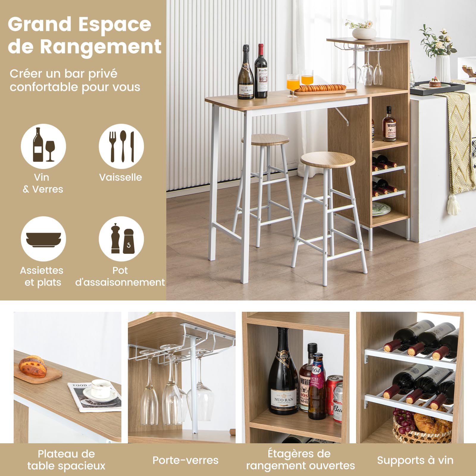 COSTWAY Table Haute Cuisine avec Tabouret, Mange Debout Industriel avec Porte-Verre Porte-Bouteilles, Table Bar avec Tabouret 2 Personnes Compact pour Cuisine Salle à Manger Salon Bistro