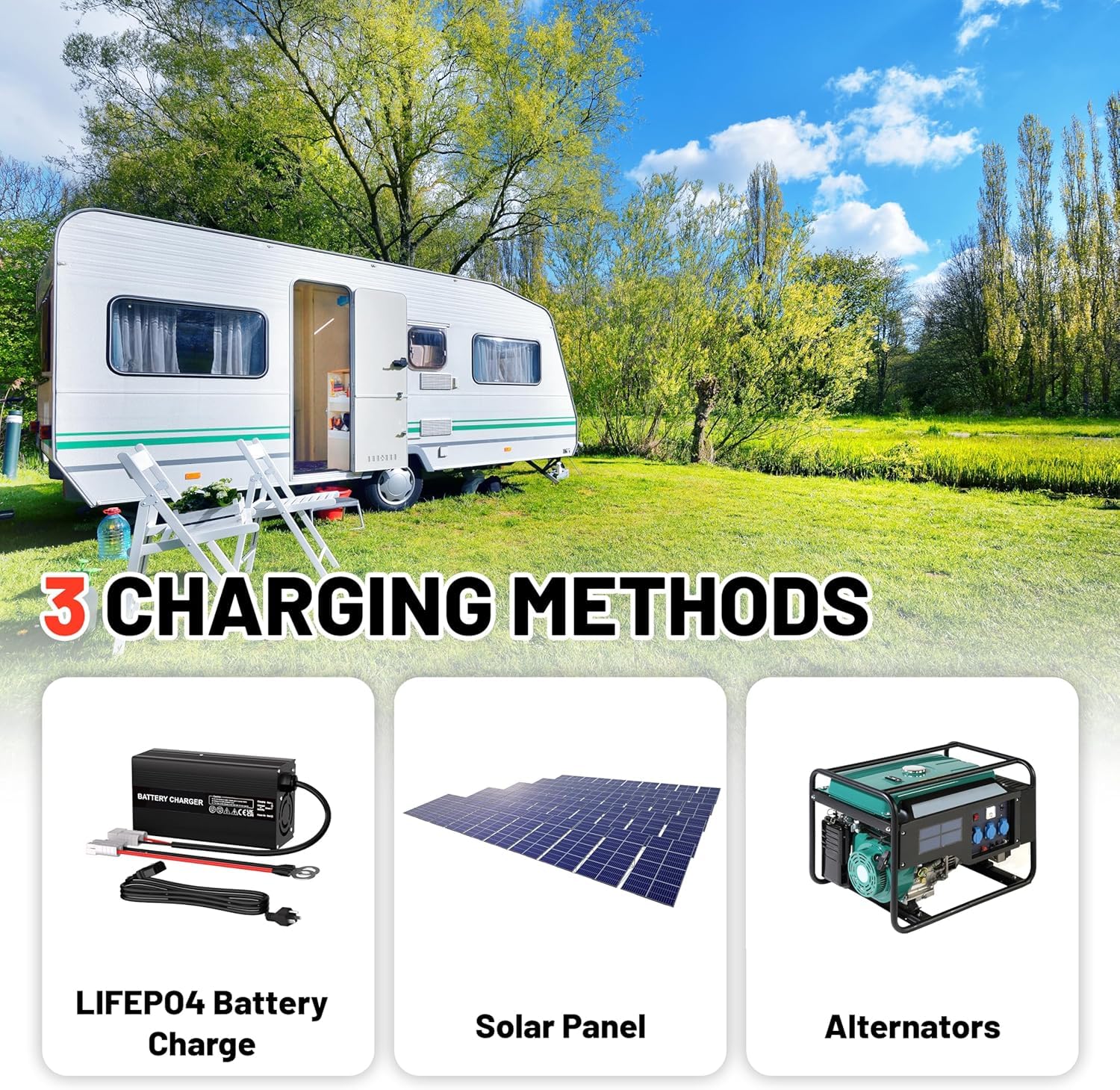 Batteria Litio 12V 100Ah Camper, Batteria LiFePO4 100Ah con 9.5kg Peso Leggero, 98% Efficienza BMS 100A IP65, Struttura Interna Alluminio, 4500-16000 Cicli per Caravan Sistemi Solari (Group24)