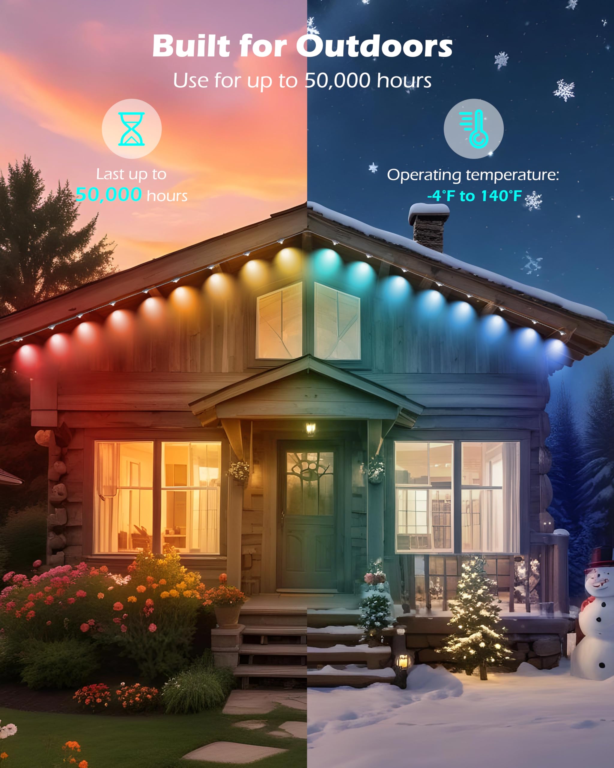 Luces de Navidad permanentes – Luces permanentes para exteriores de 50 pies para casa, IP65 impermeables LED permanentes luces de Navidad para exteriores, luces RGB para decoración de Navidad